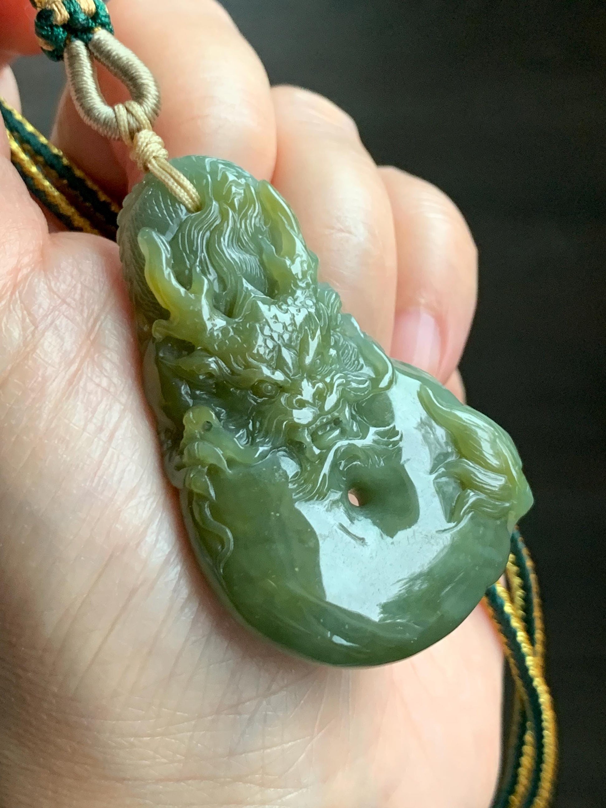 Certified Natural Grade A Guatemalan Icy Tea Yellow Jade Jadeite Carved Dragon Ping An Kou Donut Pendant Rope Necklace 天然冰危茶黄翡翠盘龙平安扣吊坠 202