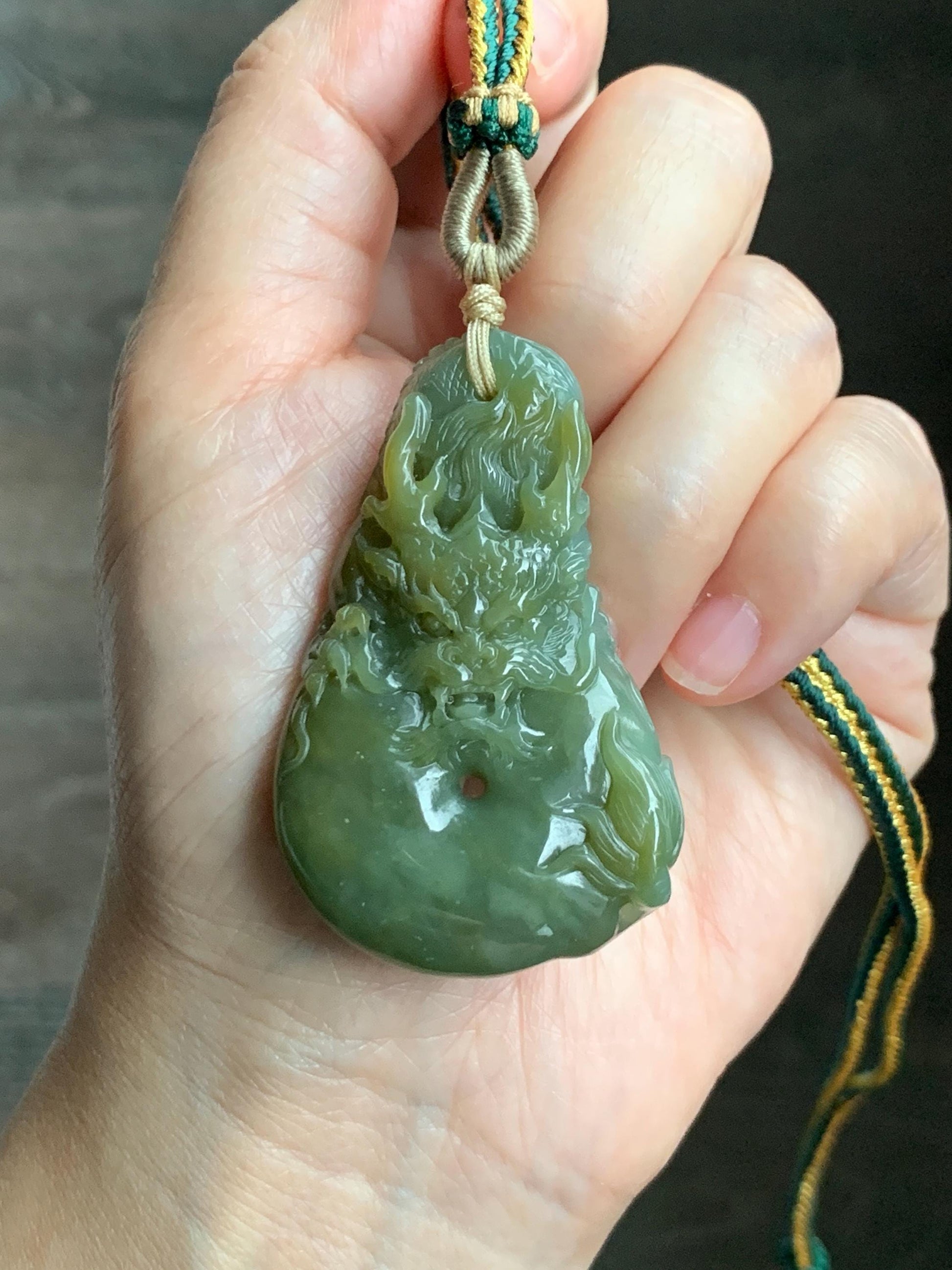 Certified Natural Grade A Guatemalan Icy Tea Yellow Jade Jadeite Carved Dragon Ping An Kou Donut Pendant Rope Necklace 天然冰危茶黄翡翠盘龙平安扣吊坠 202