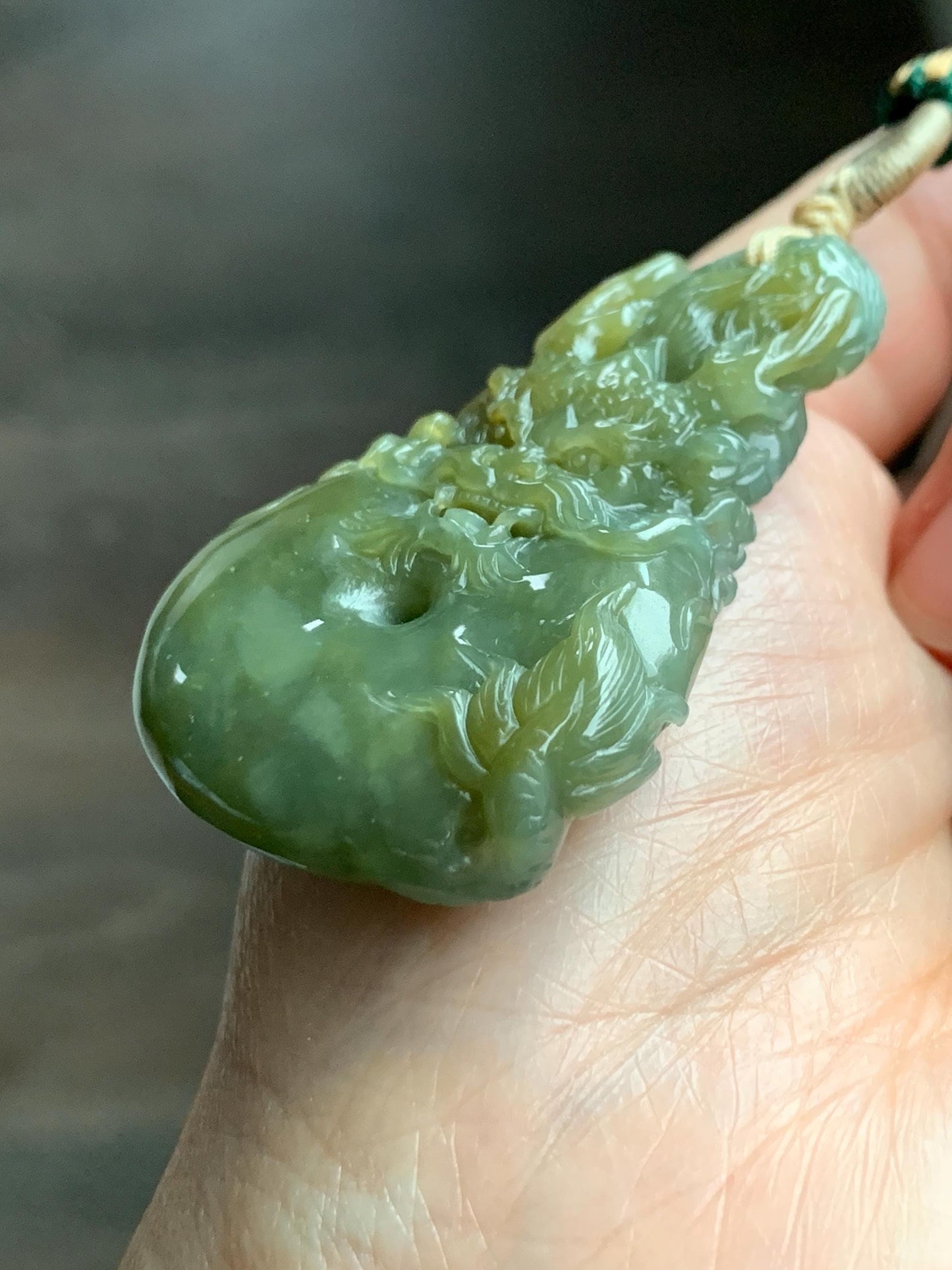 Certified Natural Grade A Guatemalan Icy Tea Yellow Jade Jadeite Carved Dragon Ping An Kou Donut Pendant Rope Necklace 天然冰危茶黄翡翠盘龙平安扣吊坠 202