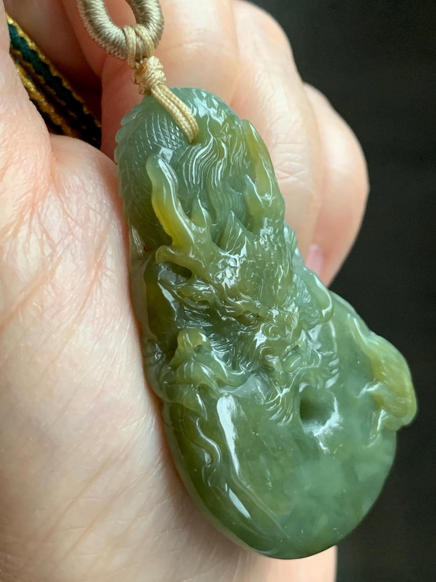 Certified Natural Grade A Guatemalan Icy Tea Yellow Jade Jadeite Carved Dragon Ping An Kou Donut Pendant Rope Necklace 天然冰危茶黄翡翠盘龙平安扣吊坠 202
