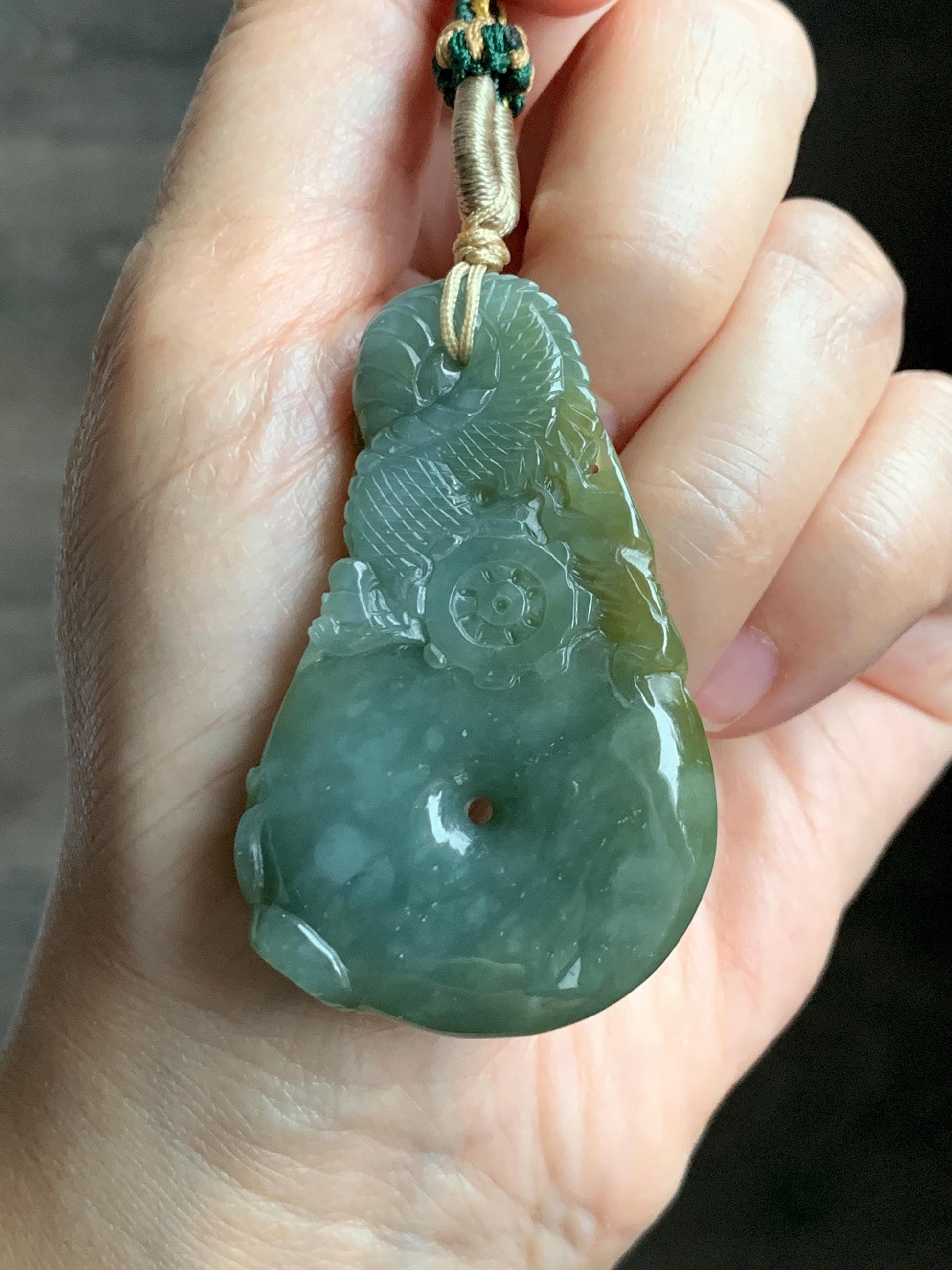 Certified Natural Grade A Guatemalan Icy Tea Yellow Jade Jadeite Carved Dragon Ping An Kou Donut Pendant Rope Necklace 天然冰危茶黄翡翠盘龙平安扣吊坠 202