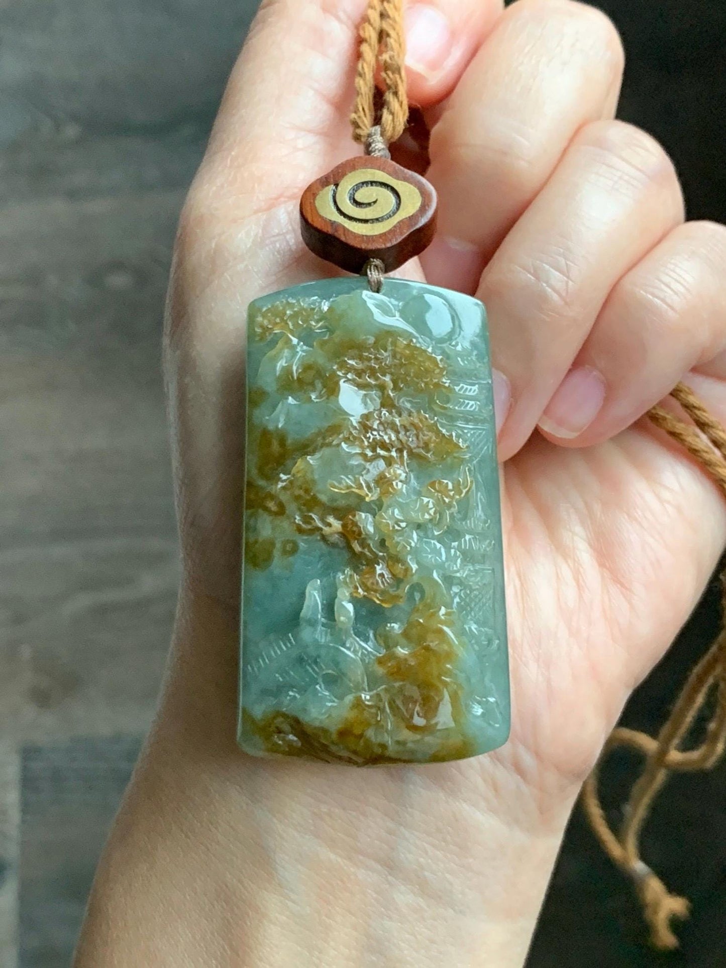 Certified Natural Grade A Icy Translucent Bluish Green Golden Brown Marbled Jadeite Shan Shui Large Pendant Rope Necklace 天然油青撒金翡翠山水吊坠 275