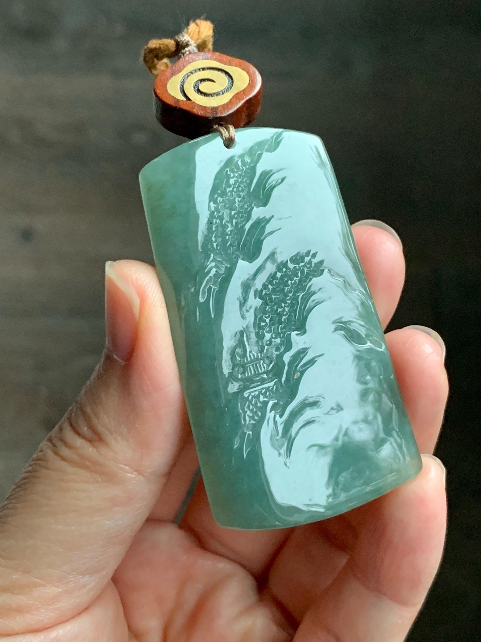 Certified Natural Grade A Icy Translucent Bluish Green Golden Brown Marbled Jadeite Shan Shui Large Pendant Rope Necklace 天然油青撒金翡翠山水吊坠 275