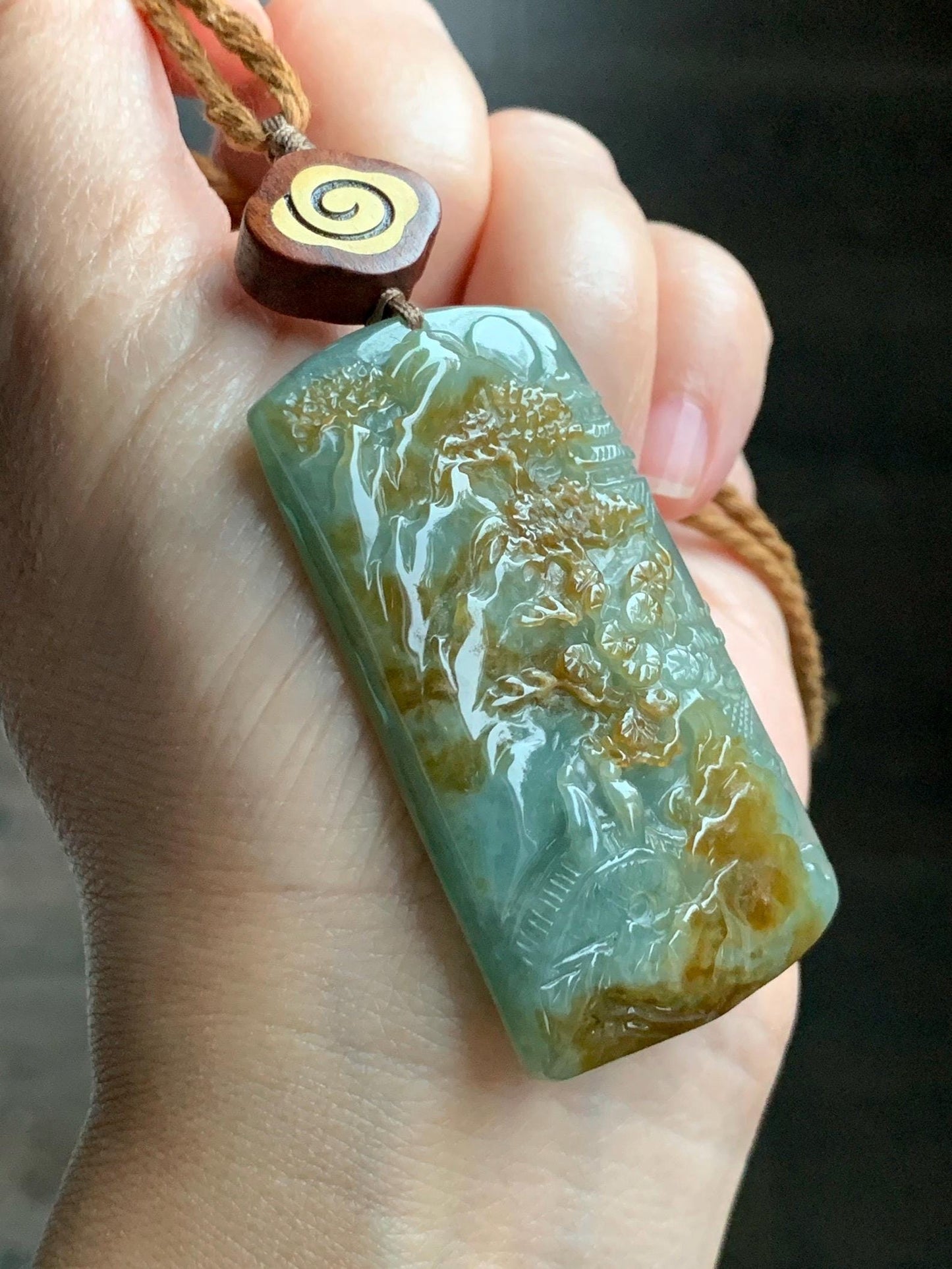 Certified Natural Grade A Icy Translucent Bluish Green Golden Brown Marbled Jadeite Shan Shui Large Pendant Rope Necklace 天然油青撒金翡翠山水吊坠 275
