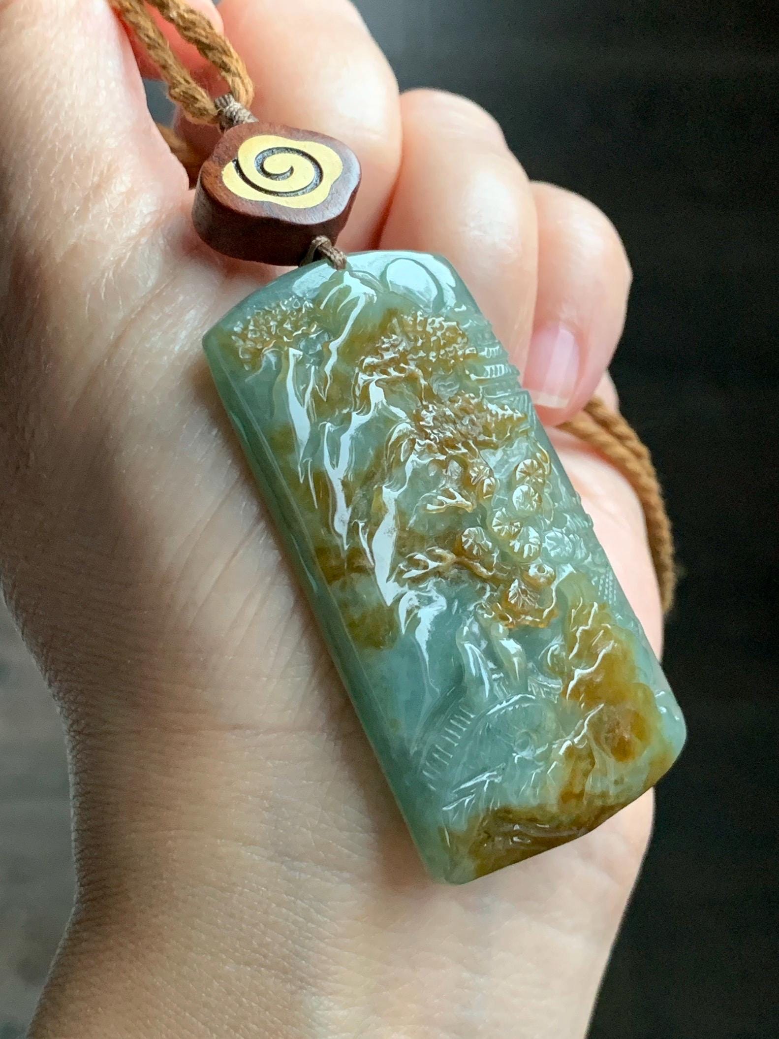 Certified Natural Grade A Icy Translucent Bluish Green Golden Brown Marbled Jadeite Shan Shui Large Pendant Rope Necklace 天然油青撒金翡翠山水吊坠 275