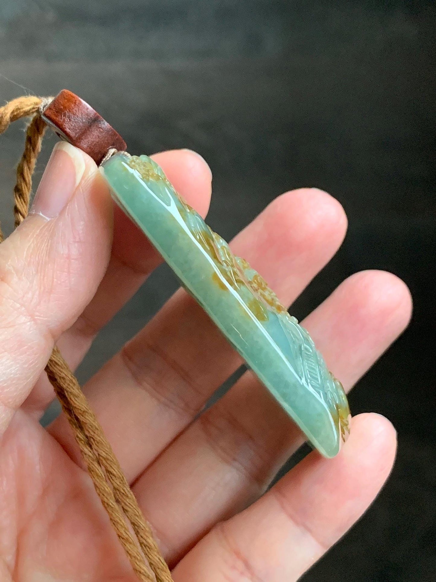 Certified Natural Grade A Icy Translucent Bluish Green Golden Brown Marbled Jadeite Shan Shui Large Pendant Rope Necklace 天然油青撒金翡翠山水吊坠 275