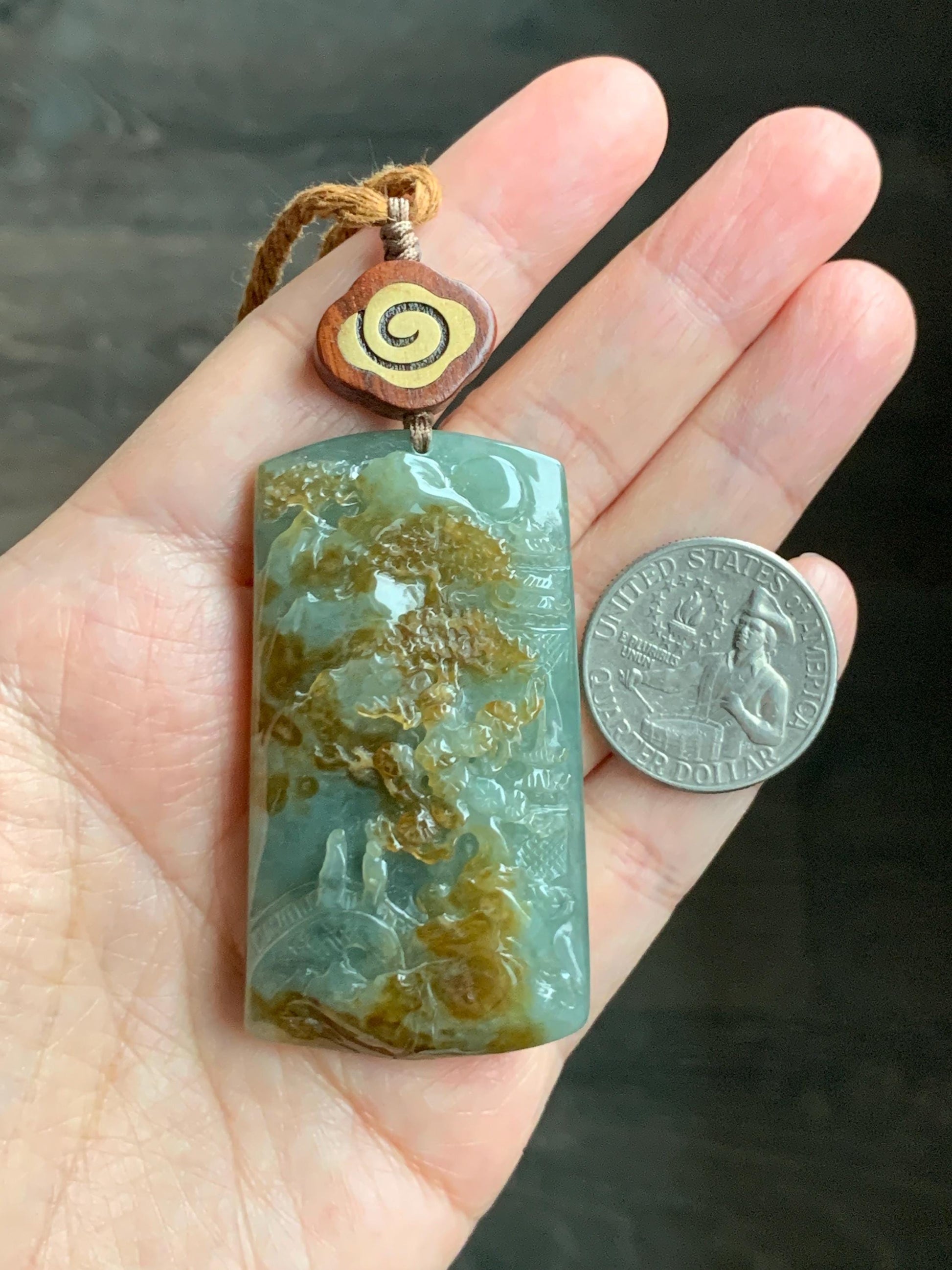 Certified Natural Grade A Icy Translucent Bluish Green Golden Brown Marbled Jadeite Shan Shui Large Pendant Rope Necklace 天然油青撒金翡翠山水吊坠 275