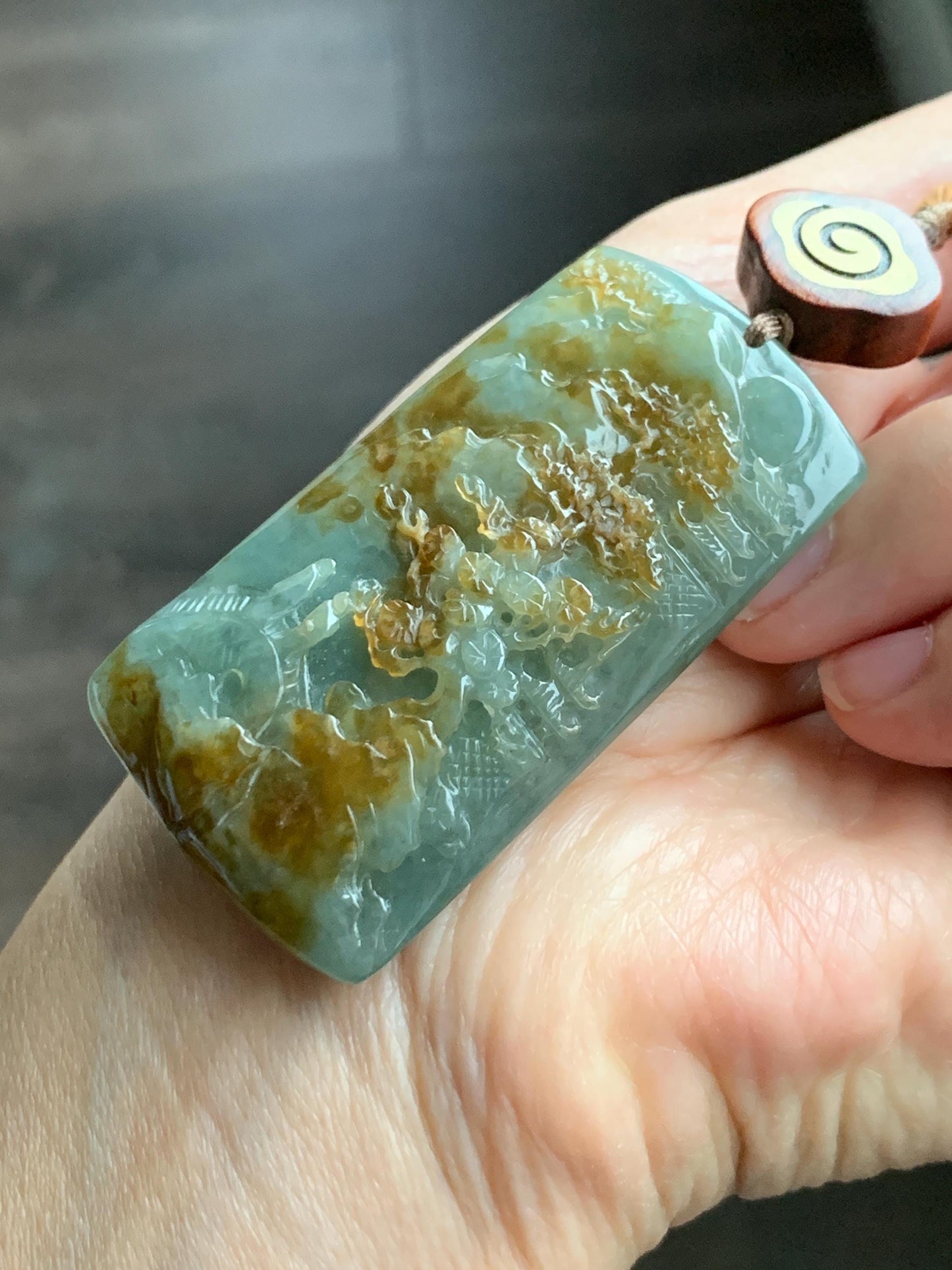 Certified Natural Grade A Icy Translucent Bluish Green Golden Brown Marbled Jadeite Shan Shui Large Pendant Rope Necklace 天然油青撒金翡翠山水吊坠 275