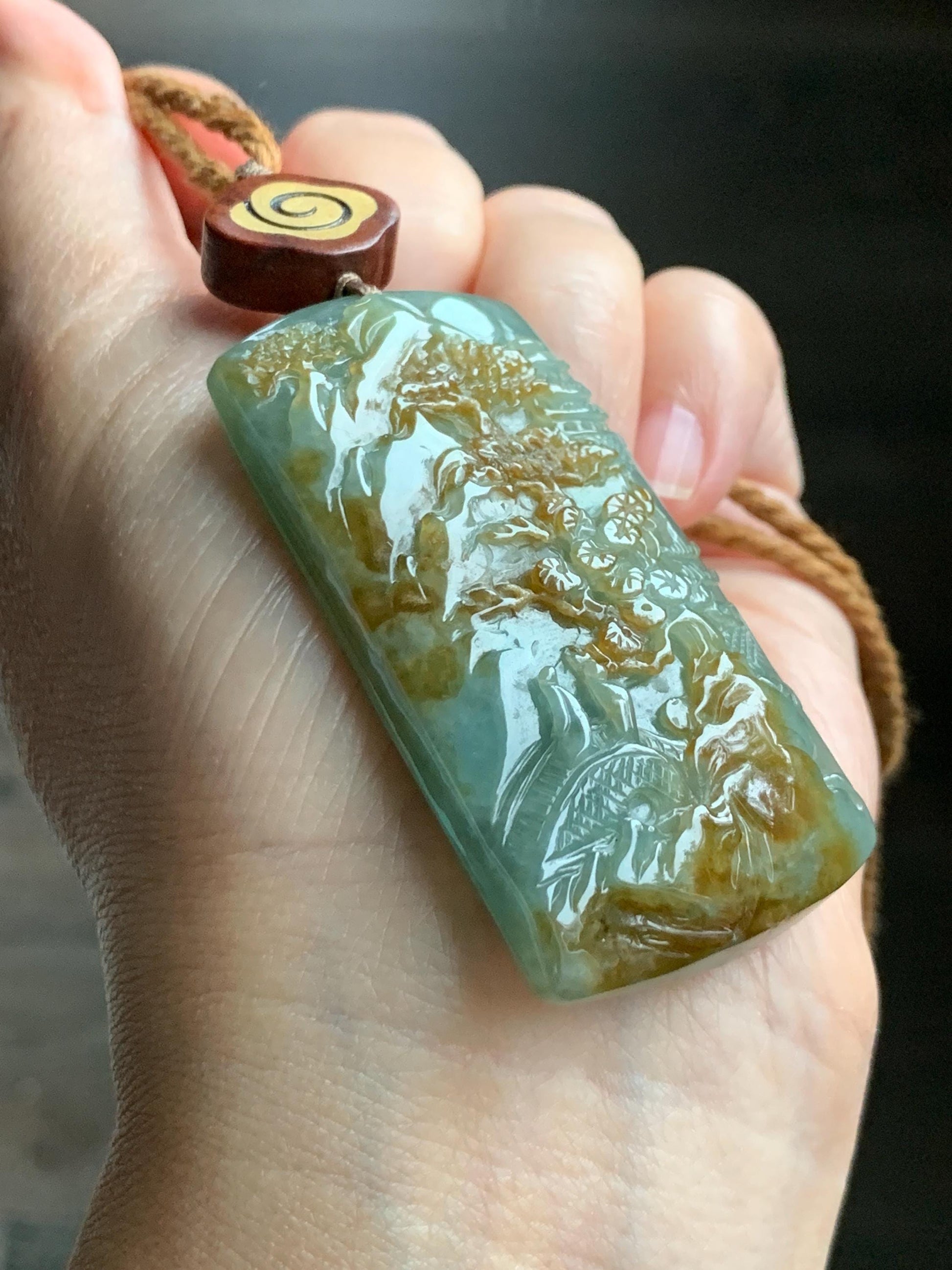 Certified Natural Grade A Icy Translucent Bluish Green Golden Brown Marbled Jadeite Shan Shui Large Pendant Rope Necklace 天然油青撒金翡翠山水吊坠 275
