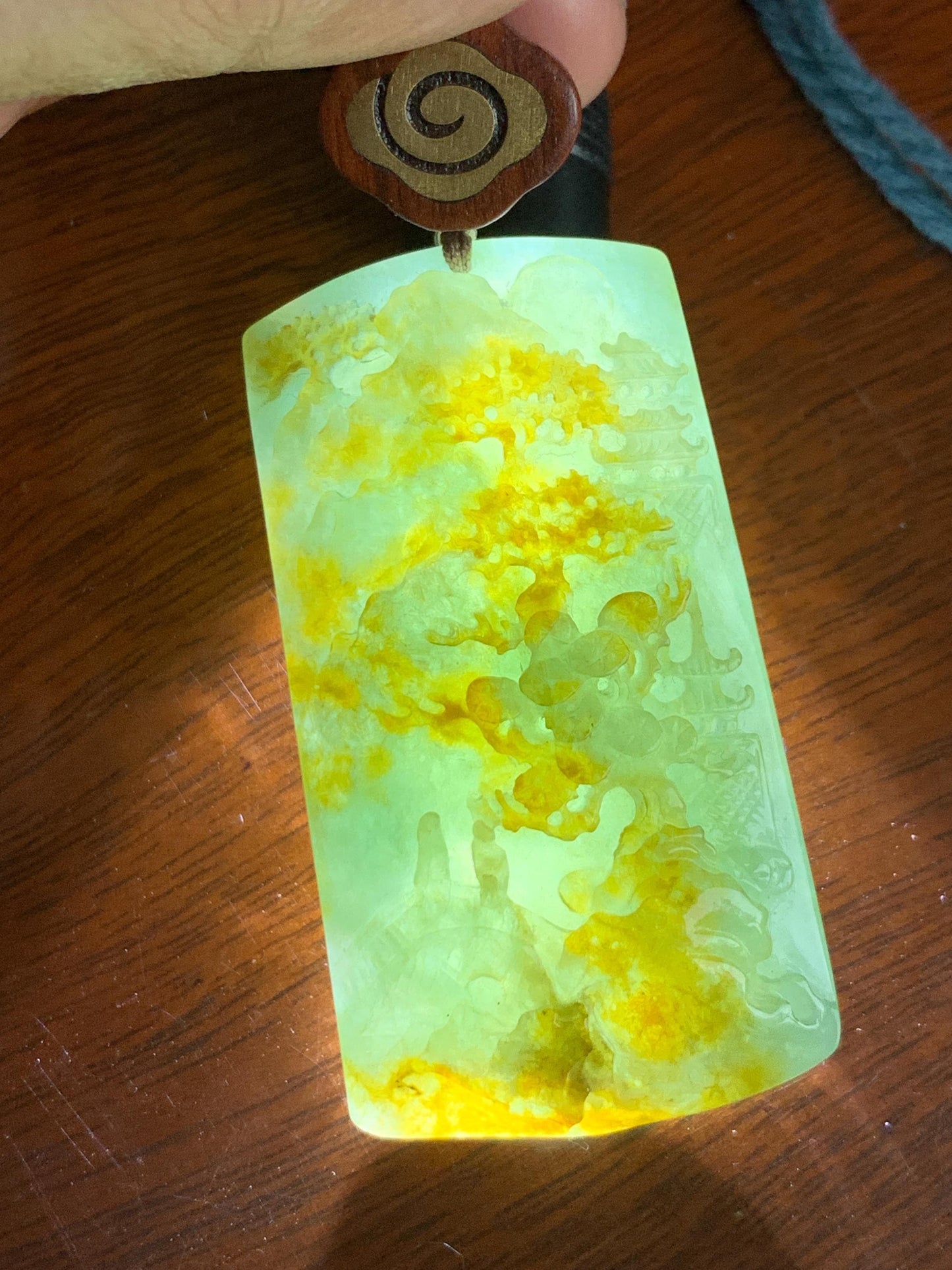 Certified Natural Grade A Icy Translucent Bluish Green Golden Brown Marbled Jadeite Shan Shui Large Pendant Rope Necklace 天然油青撒金翡翠山水吊坠 275