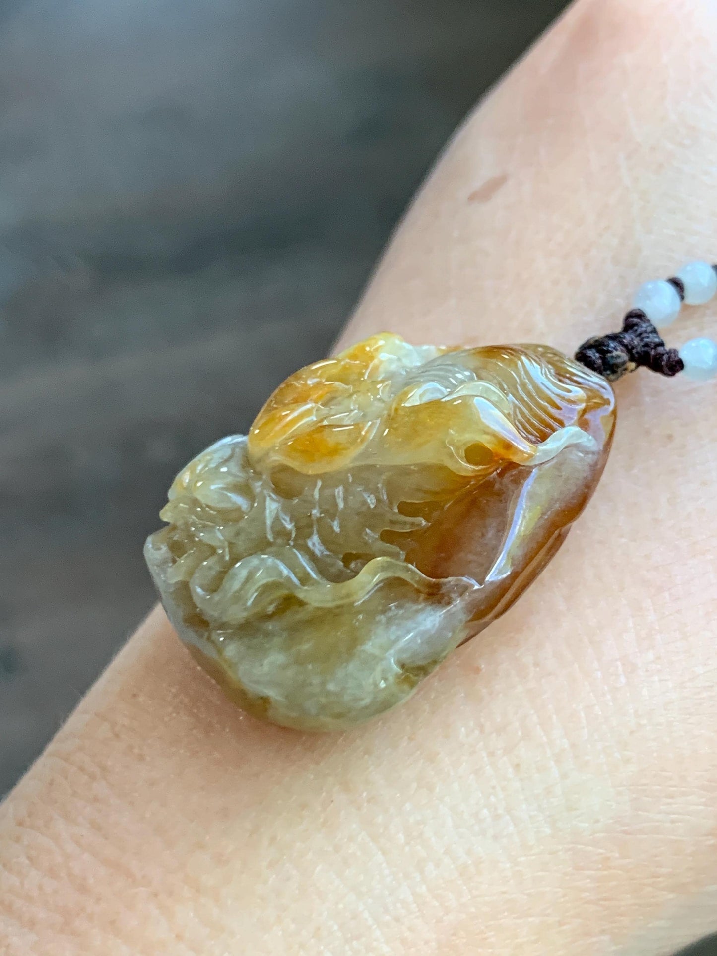 Natural Grade A Icy Translucent Yellow Jade Jadeite Carved Dragon Pendant Beaded Necklace Sterling Silver 22” 23g 天然冰黄翡翠龙牌吊坠珠链项链 HFL220