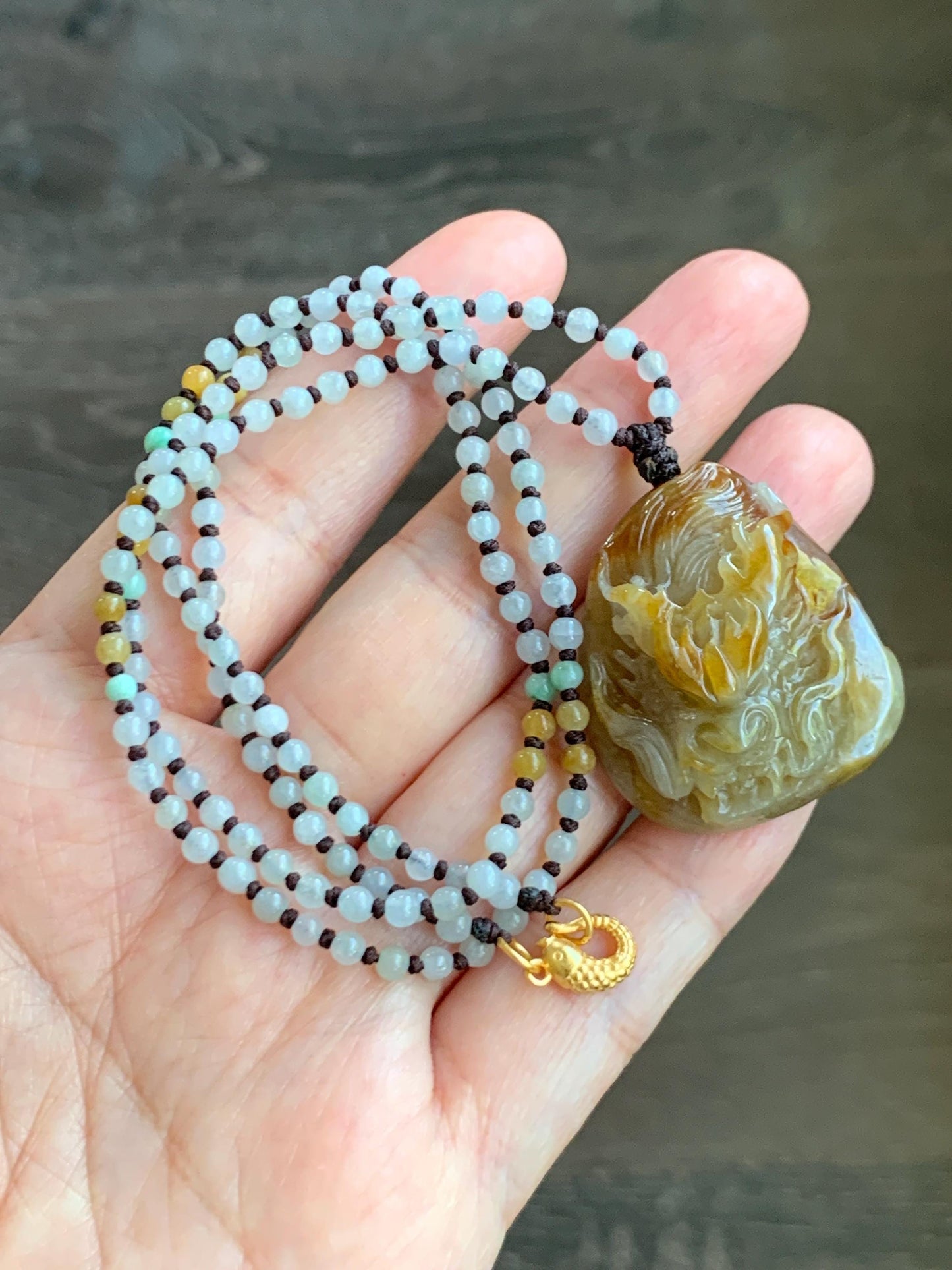 Natural Grade A Icy Translucent Yellow Jade Jadeite Carved Dragon Pendant Beaded Necklace Sterling Silver 22” 23g 天然冰黄翡翠龙牌吊坠珠链项链 HFL220