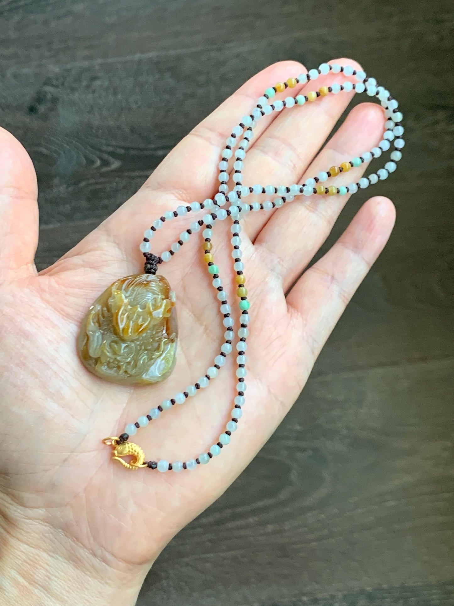 Natural Grade A Icy Translucent Yellow Jade Jadeite Carved Dragon Pendant Beaded Necklace Sterling Silver 22” 23g 天然冰黄翡翠龙牌吊坠珠链项链 HFL220