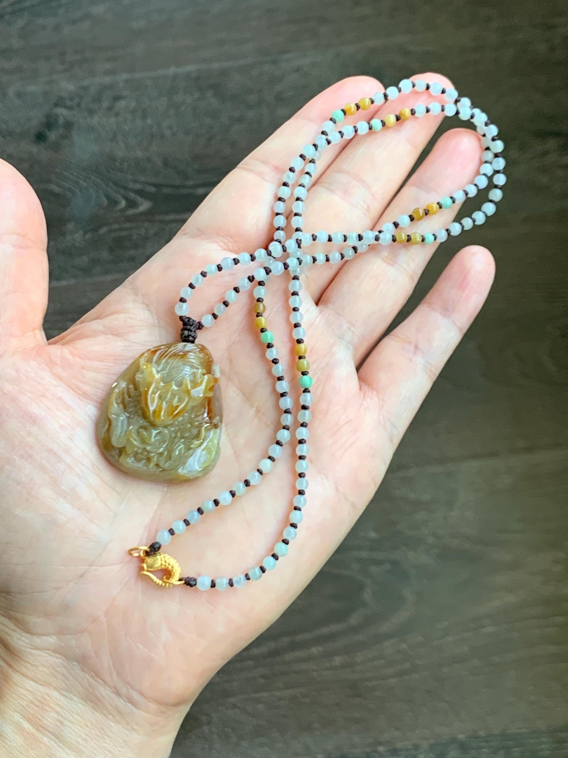 Natural Grade A Icy Translucent Yellow Jade Jadeite Carved Dragon Pendant Beaded Necklace Sterling Silver 22” 23g 天然冰黄翡翠龙牌吊坠珠链项链 HFL220