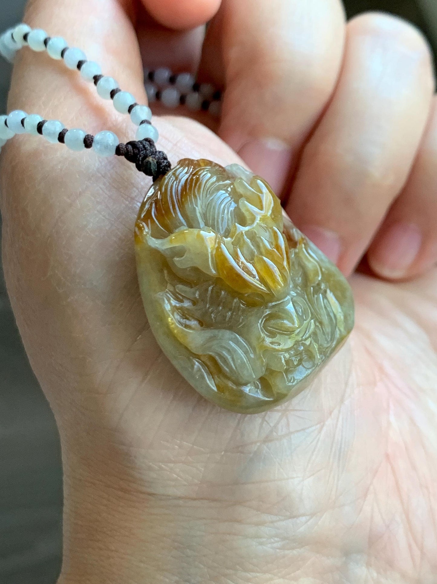 Natural Grade A Icy Translucent Yellow Jade Jadeite Carved Dragon Pendant Beaded Necklace Sterling Silver 22” 23g 天然冰黄翡翠龙牌吊坠珠链项链 HFL220
