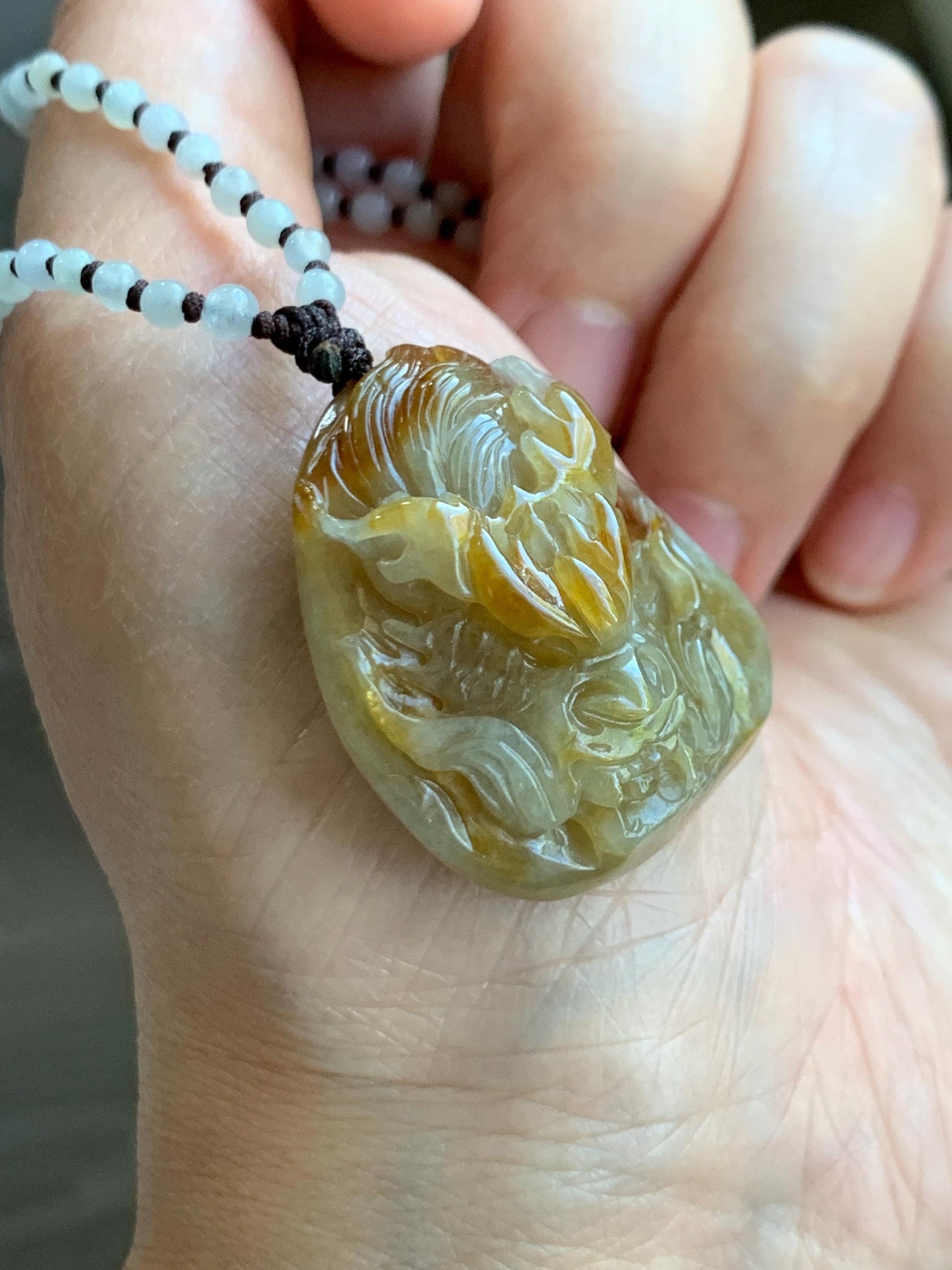Natural Grade A Icy Translucent Yellow Jade Jadeite Carved Dragon Pendant Beaded Necklace Sterling Silver 22” 23g 天然冰黄翡翠龙牌吊坠珠链项链 HFL220