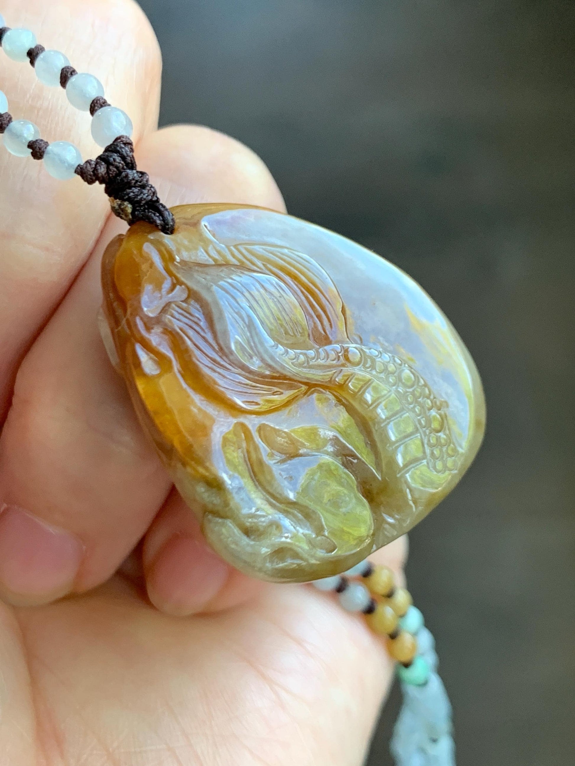 Natural Grade A Icy Translucent Yellow Jade Jadeite Carved Dragon Pendant Beaded Necklace Sterling Silver 22” 23g 天然冰黄翡翠龙牌吊坠珠链项链 HFL220