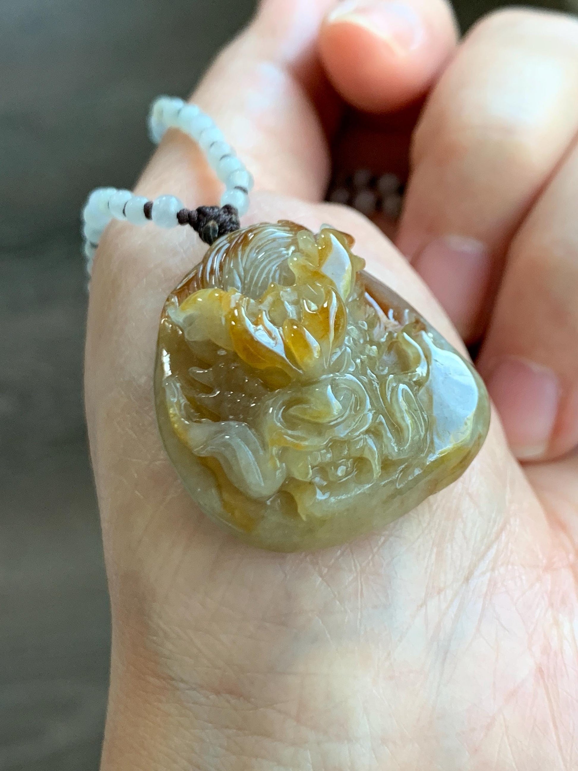 Natural Grade A Icy Translucent Yellow Jade Jadeite Carved Dragon Pendant Beaded Necklace Sterling Silver 22” 23g 天然冰黄翡翠龙牌吊坠珠链项链 HFL220