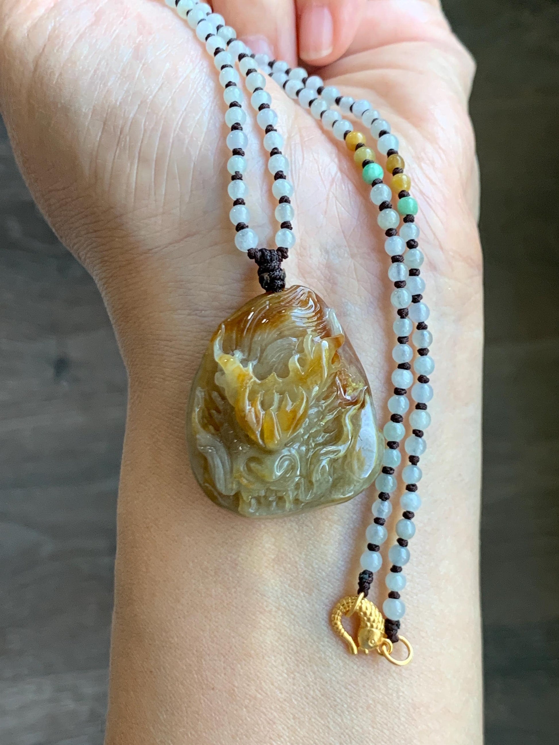 Natural Grade A Icy Translucent Yellow Jade Jadeite Carved Dragon Pendant Beaded Necklace Sterling Silver 22” 23g 天然冰黄翡翠龙牌吊坠珠链项链 HFL220