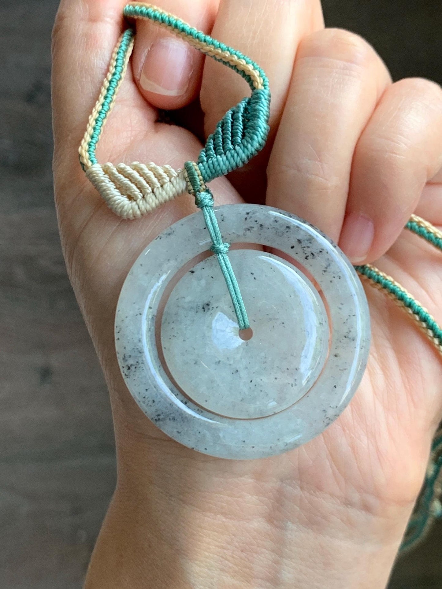 Natural Grade A Icy Highly Translucent Light Wuji Jade Jadeite Mother-Child Ping An Kou Donut Pendant Rope Necklace 26” 天然冰胶乌鸡翡翠子母扣吊坠WJZM230