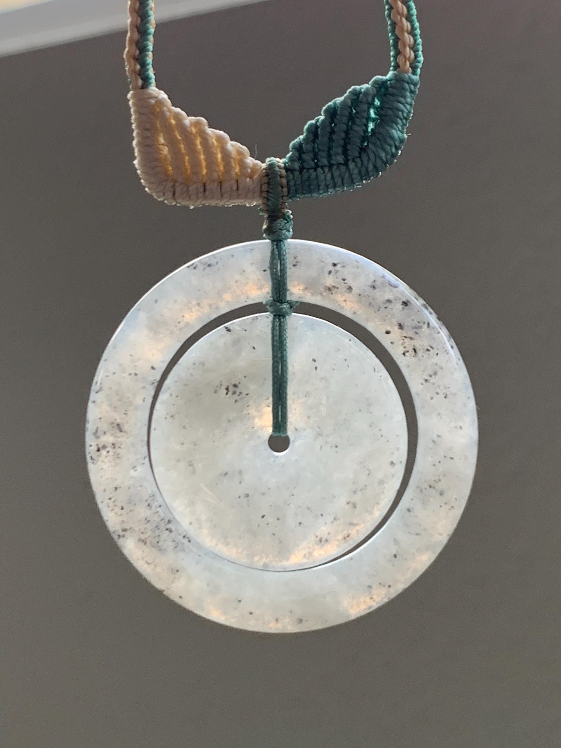 Natural Grade A Icy Highly Translucent Light Wuji Jade Jadeite Mother-Child Ping An Kou Donut Pendant Rope Necklace 26” 天然冰胶乌鸡翡翠子母扣吊坠WJZM230