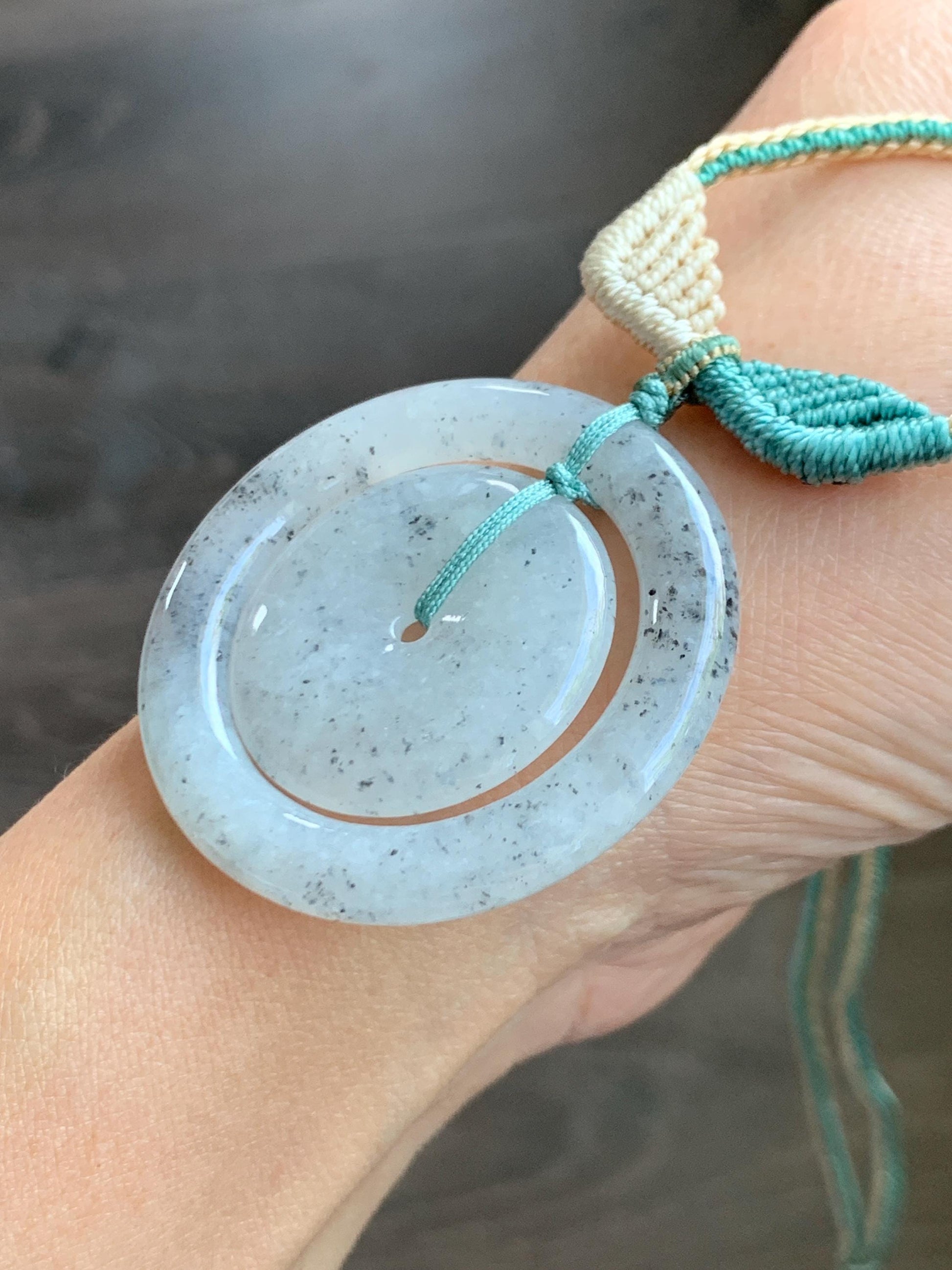 Natural Grade A Icy Highly Translucent Light Wuji Jade Jadeite Mother-Child Ping An Kou Donut Pendant Rope Necklace 26” 天然冰胶乌鸡翡翠子母扣吊坠WJZM230