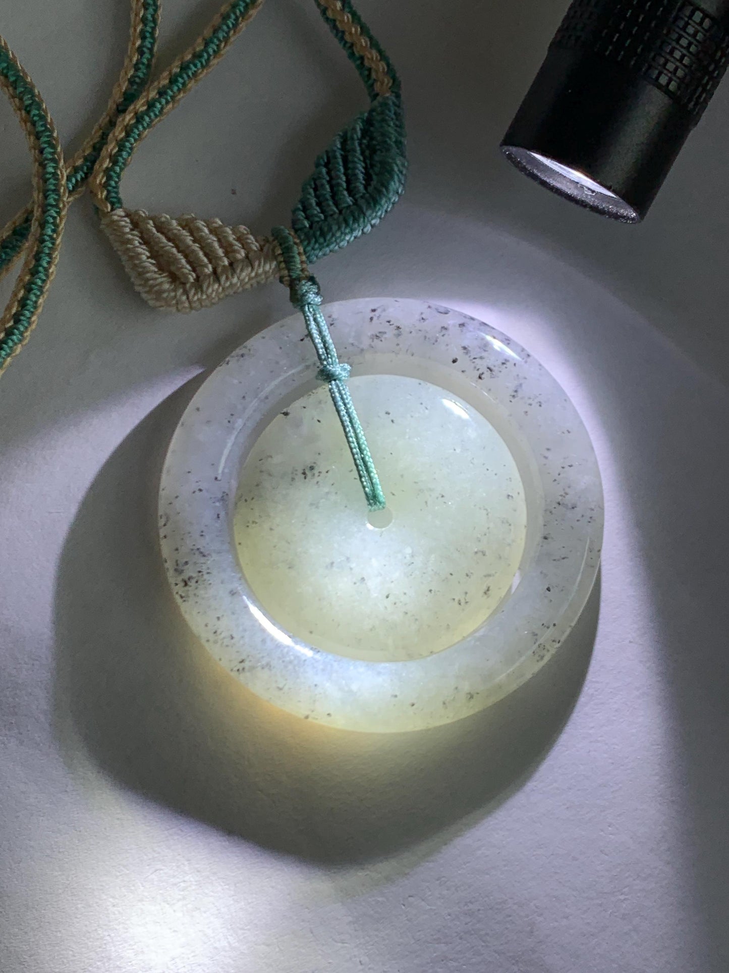 Natural Grade A Icy Highly Translucent Light Wuji Jade Jadeite Mother-Child Ping An Kou Donut Pendant Rope Necklace 26” 天然冰胶乌鸡翡翠子母扣吊坠WJZM230
