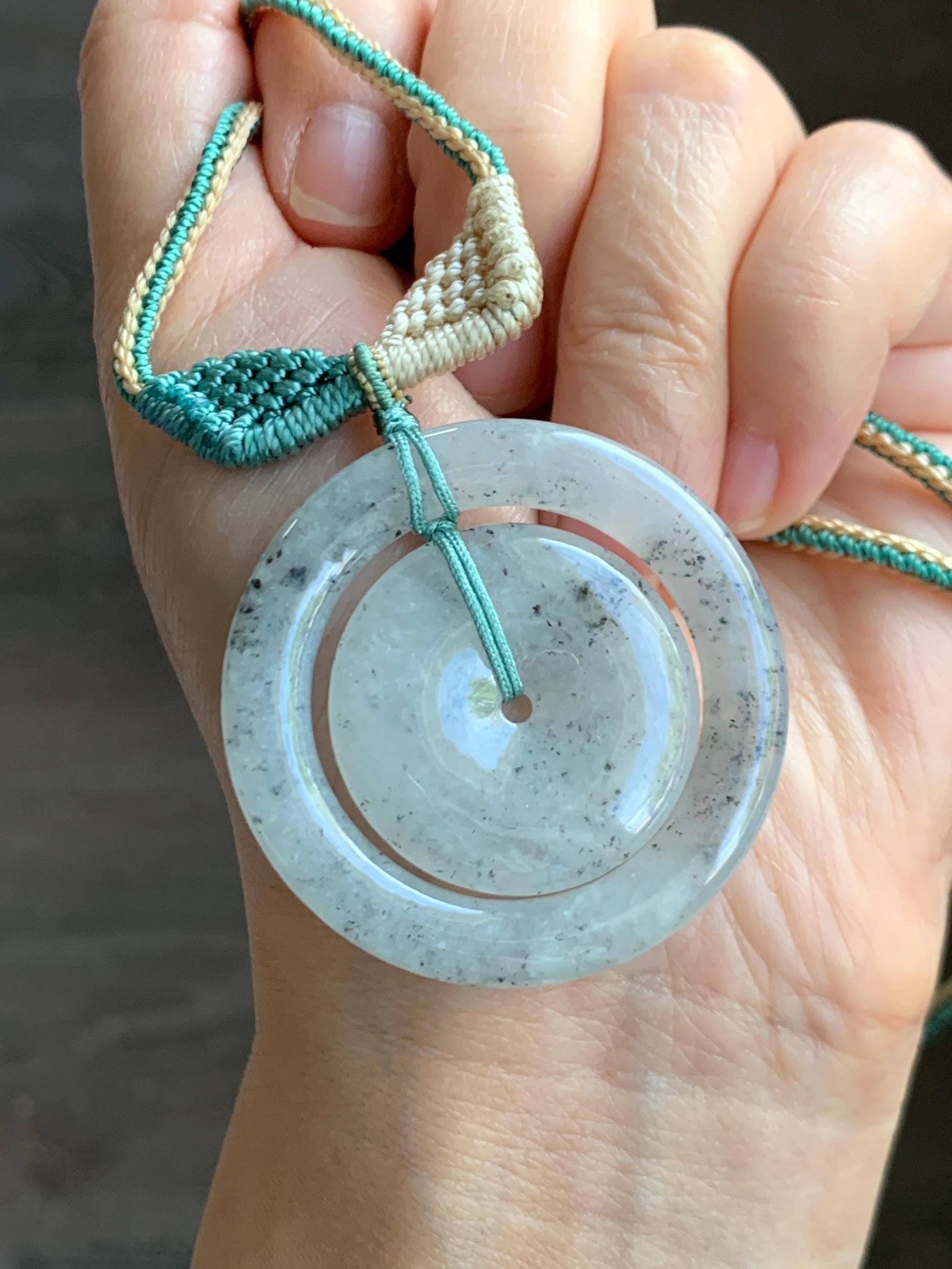 Natural Grade A Icy Highly Translucent Light Wuji Jade Jadeite Mother-Child Ping An Kou Donut Pendant Rope Necklace 26” 天然冰胶乌鸡翡翠子母扣吊坠WJZM230