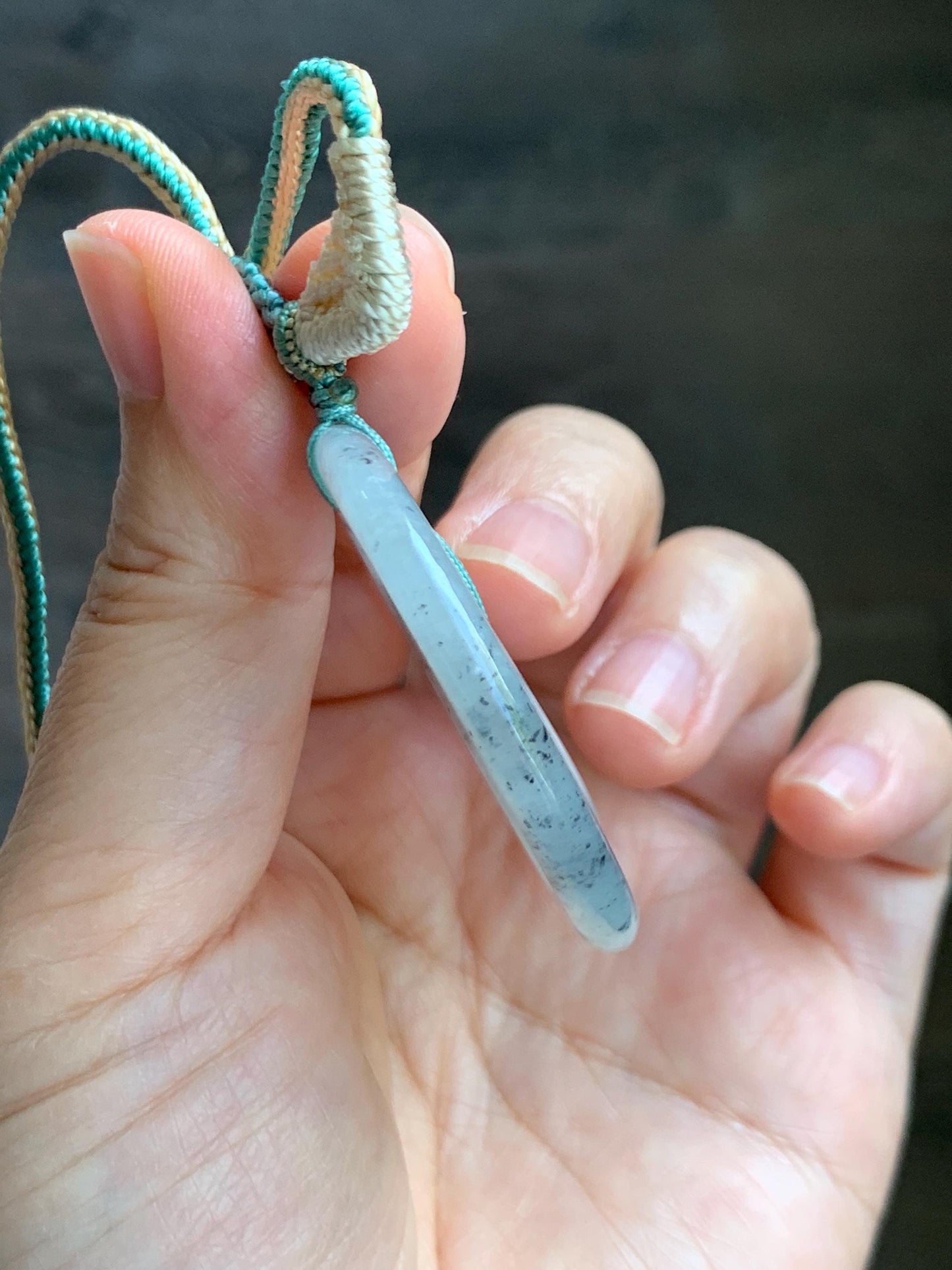 Natural Grade A Icy Highly Translucent Light Wuji Jade Jadeite Mother-Child Ping An Kou Donut Pendant Rope Necklace 26” 天然冰胶乌鸡翡翠子母扣吊坠WJZM230