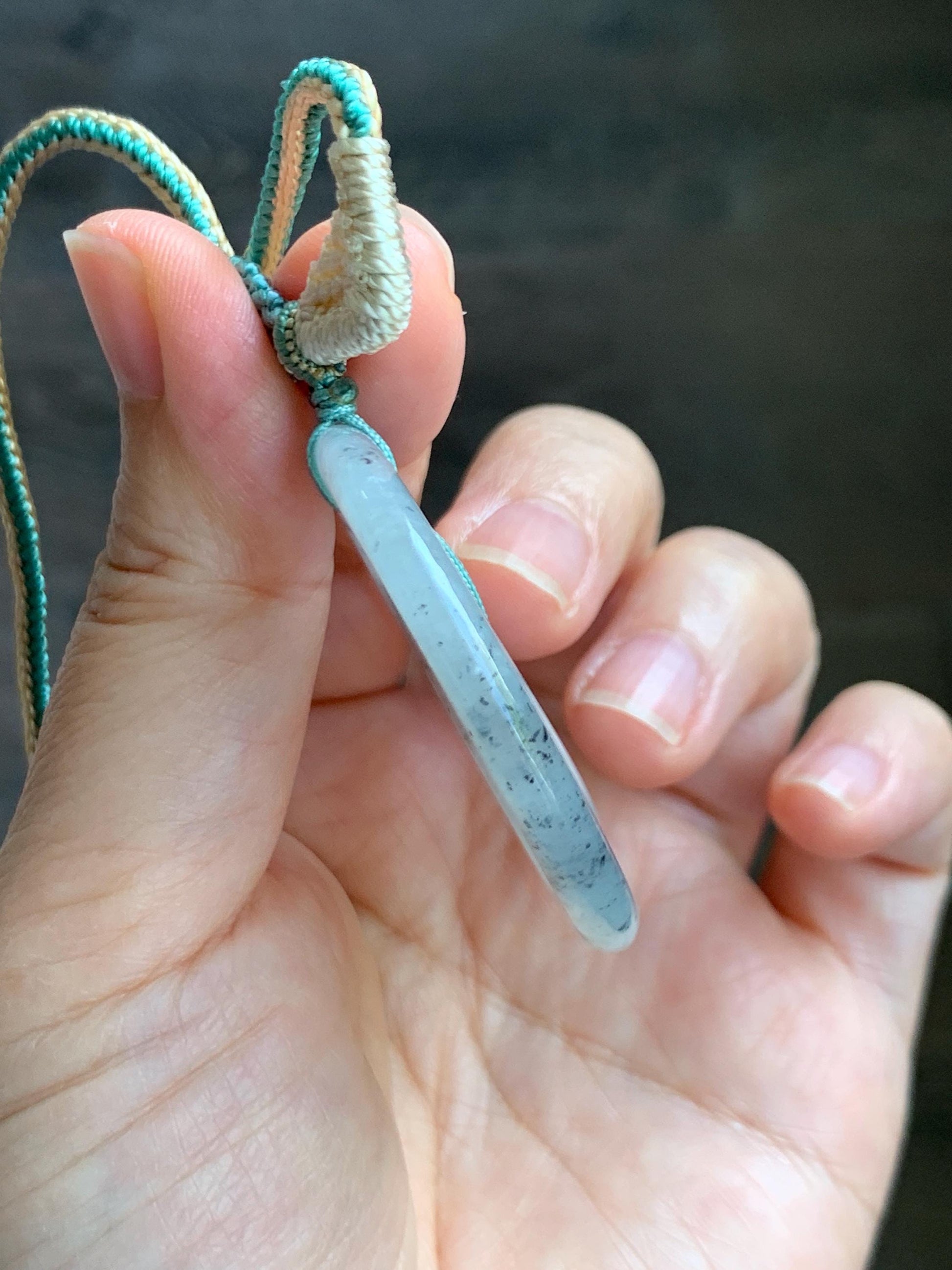 Natural Grade A Icy Highly Translucent Light Wuji Jade Jadeite Mother-Child Ping An Kou Donut Pendant Rope Necklace 26” 天然冰胶乌鸡翡翠子母扣吊坠WJZM230