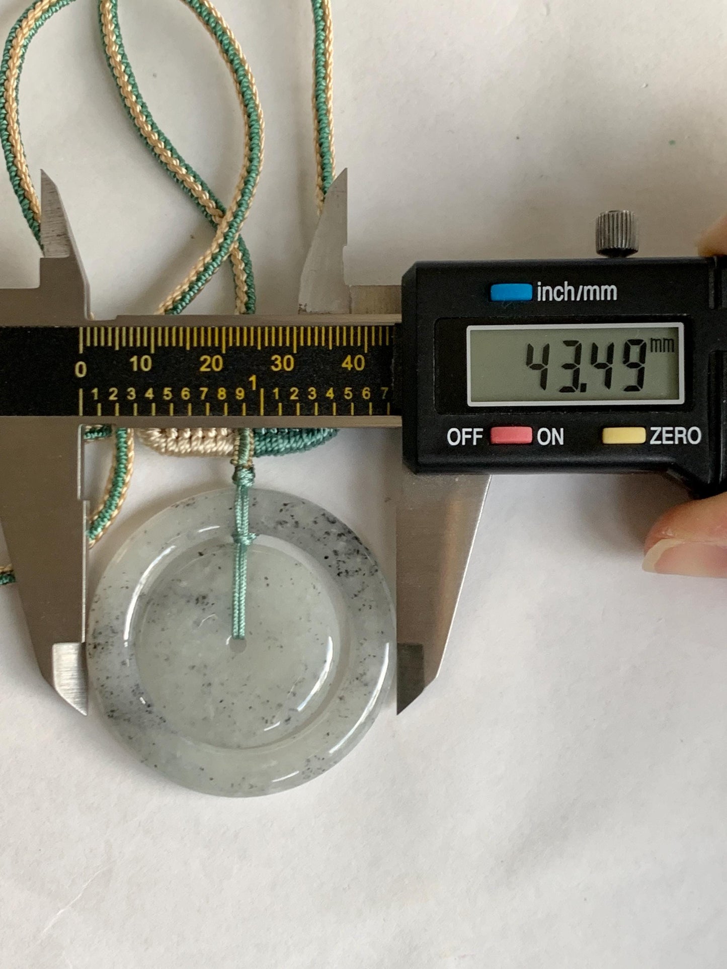 Natural Grade A Icy Highly Translucent Light Wuji Jade Jadeite Mother-Child Ping An Kou Donut Pendant Rope Necklace 26” 天然冰胶乌鸡翡翠子母扣吊坠WJZM230