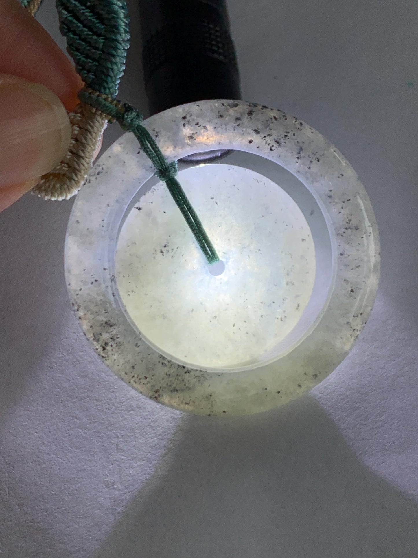 Natural Grade A Icy Highly Translucent Light Wuji Jade Jadeite Mother-Child Ping An Kou Donut Pendant Rope Necklace 26” 天然冰胶乌鸡翡翠子母扣吊坠WJZM230