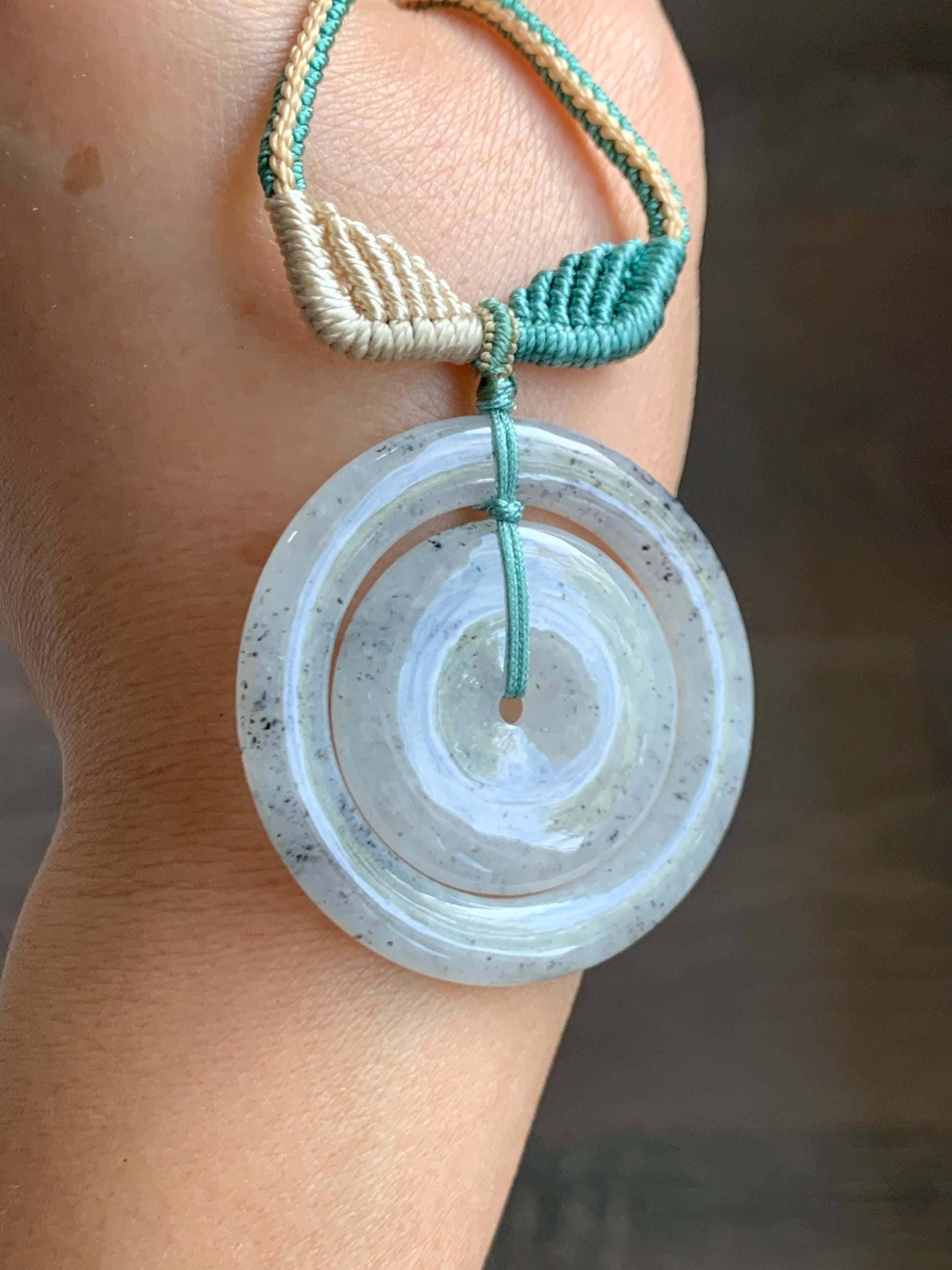 Natural Grade A Icy Highly Translucent Light Wuji Jade Jadeite Mother-Child Ping An Kou Donut Pendant Rope Necklace 26” 天然冰胶乌鸡翡翠子母扣吊坠WJZM230