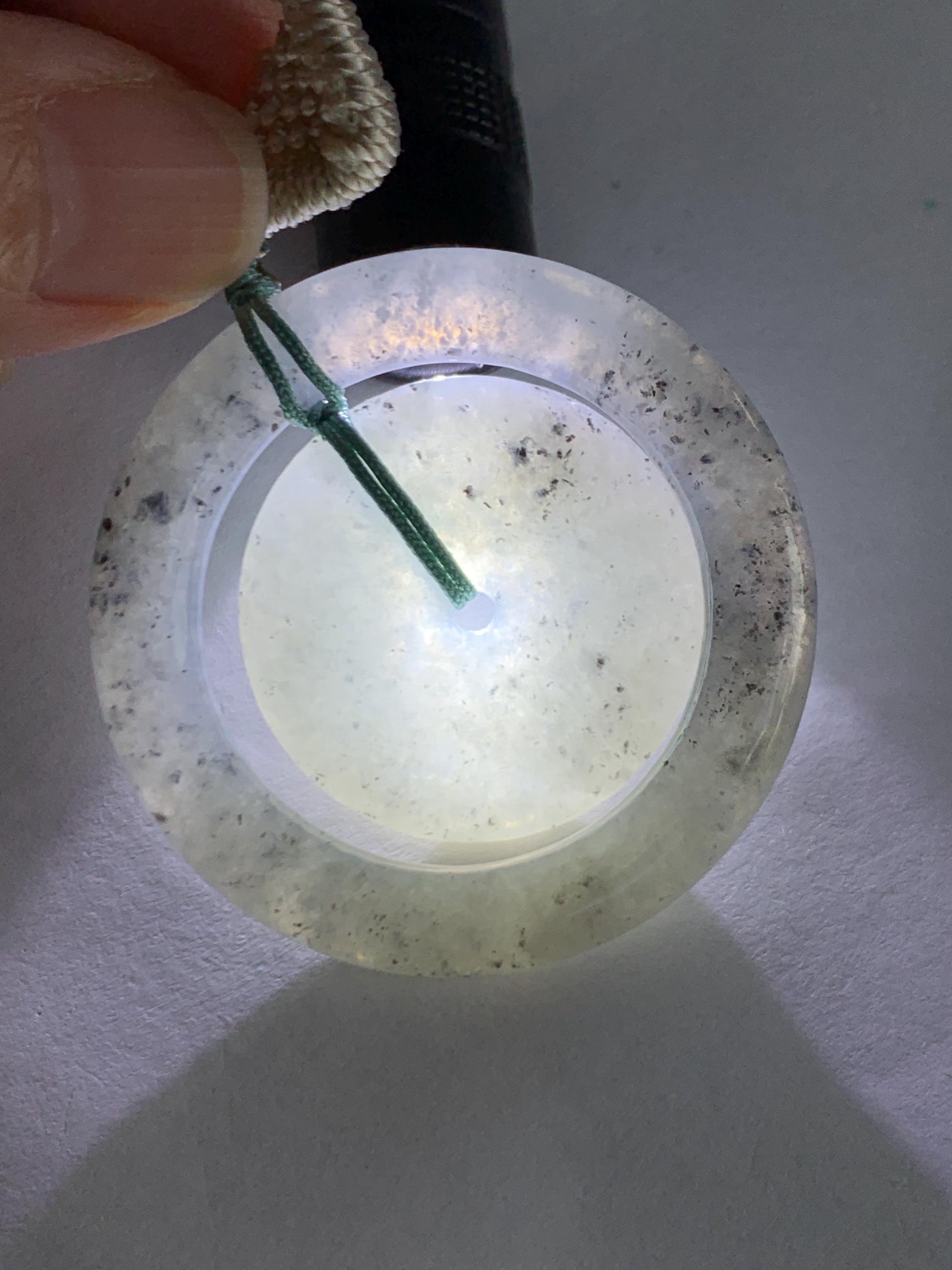 Natural Grade A Icy Highly Translucent Light Wuji Jade Jadeite Mother-Child Ping An Kou Donut Pendant Rope Necklace 26” 天然冰胶乌鸡翡翠子母扣吊坠WJZM230