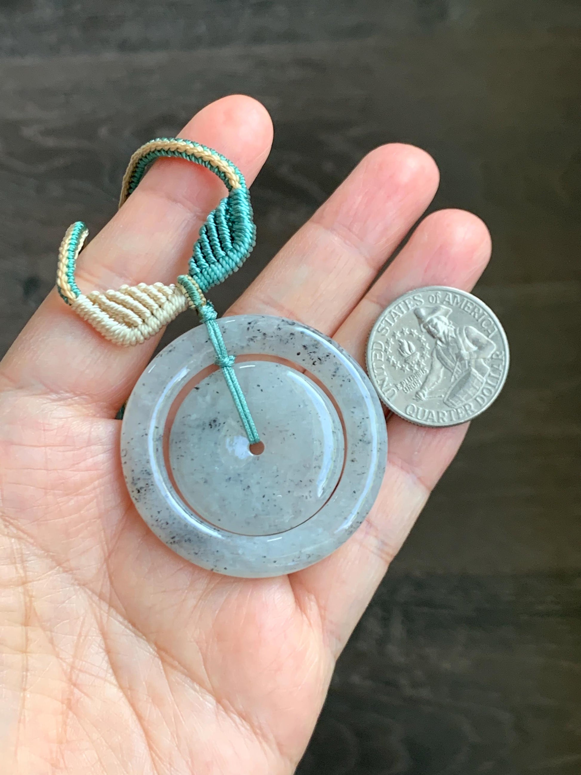 Natural Grade A Icy Highly Translucent Light Wuji Jade Jadeite Mother-Child Ping An Kou Donut Pendant Rope Necklace 26” 天然冰胶乌鸡翡翠子母扣吊坠WJZM230