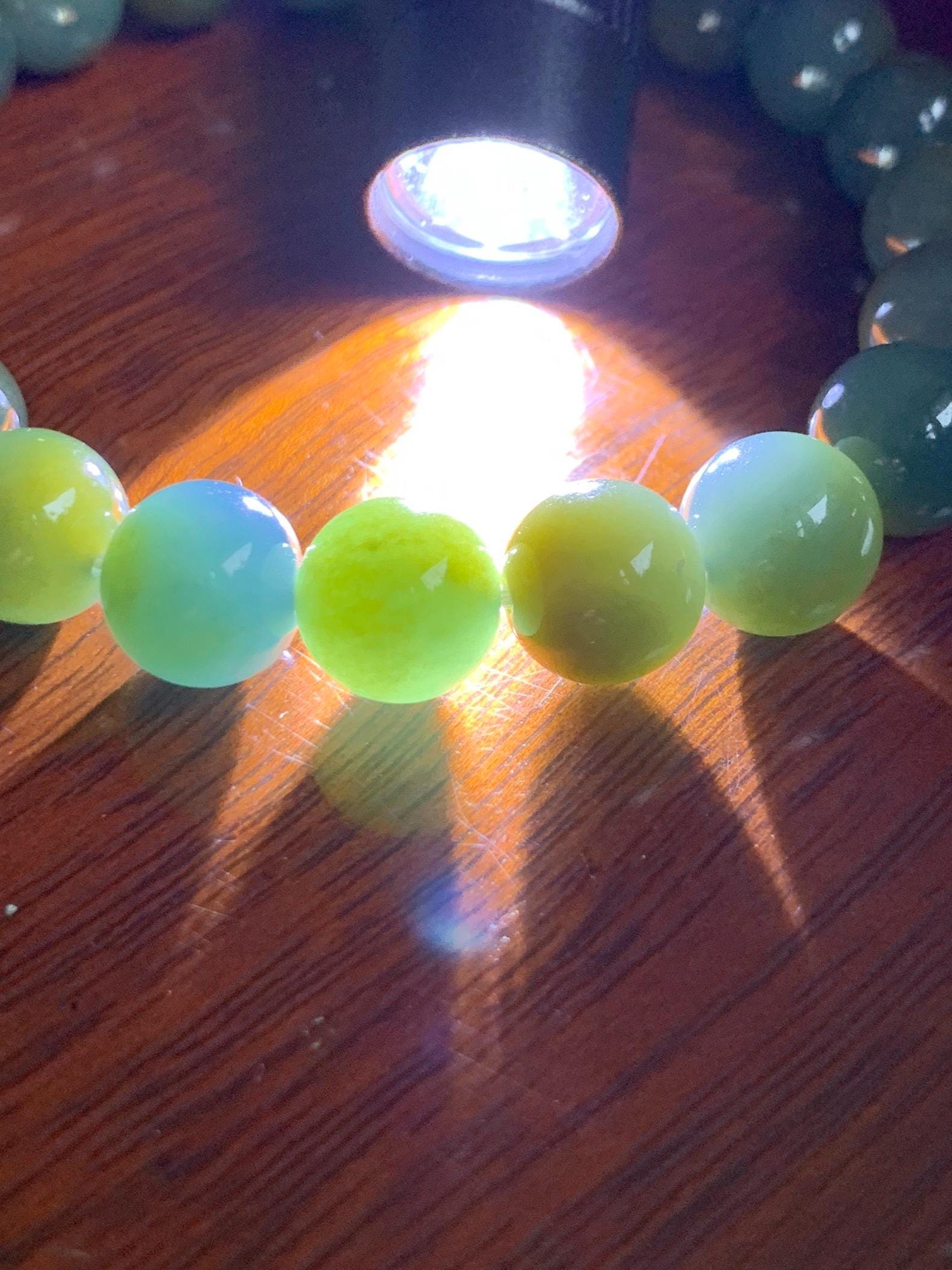 Natural Grade A Guatemalan Icy Translucent Dark Teal Yellow Marbled Jade Jadeite Beaded Bracelet Stretchy 9.7mm 7.75" 天然冰危飘黄翡翠圆珠手串 WLH330