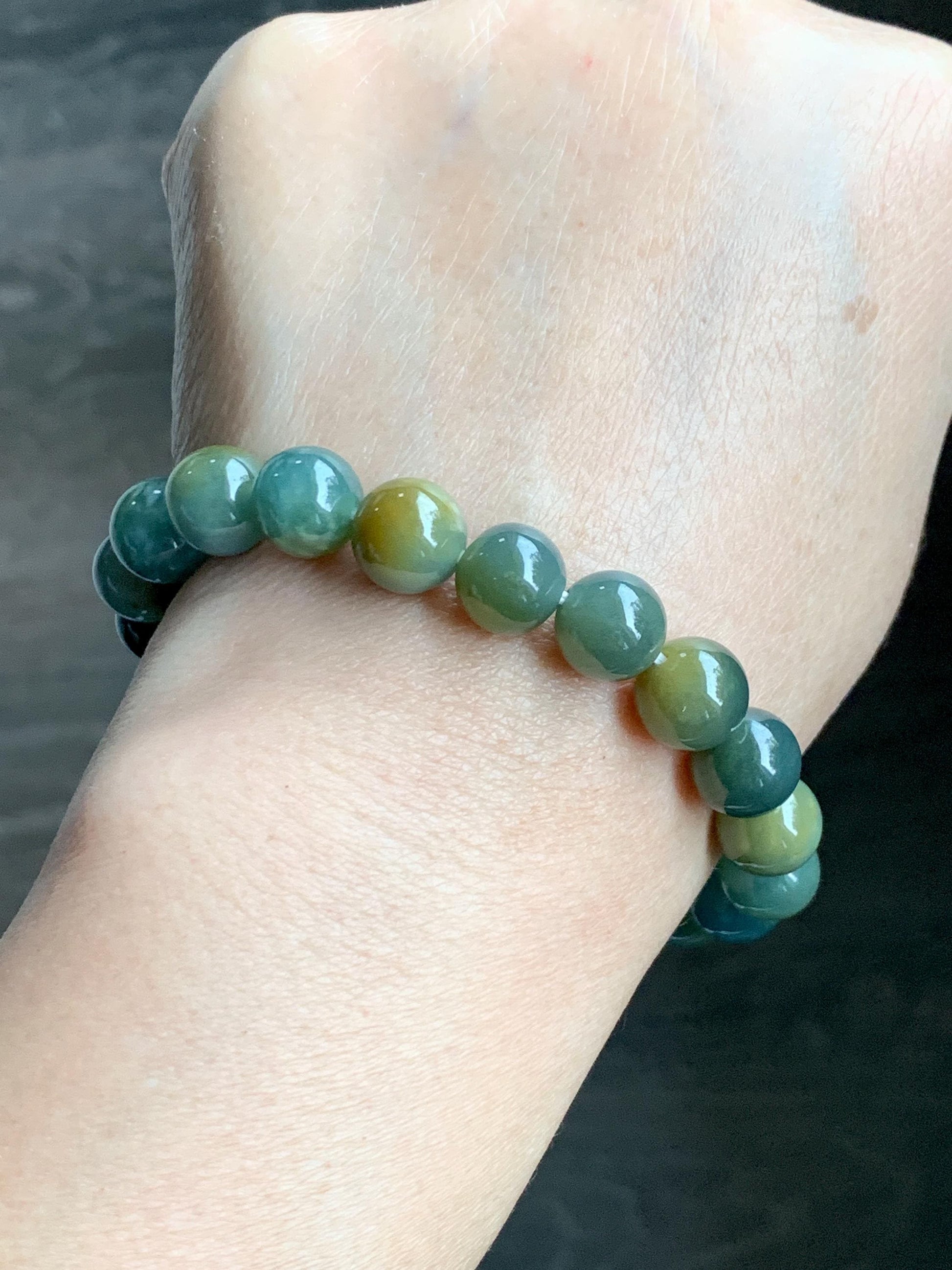 Natural Grade A Guatemalan Icy Translucent Dark Teal Yellow Marbled Jade Jadeite Beaded Bracelet Stretchy 9.7mm 7.75" 天然冰危飘黄翡翠圆珠手串 WLH330