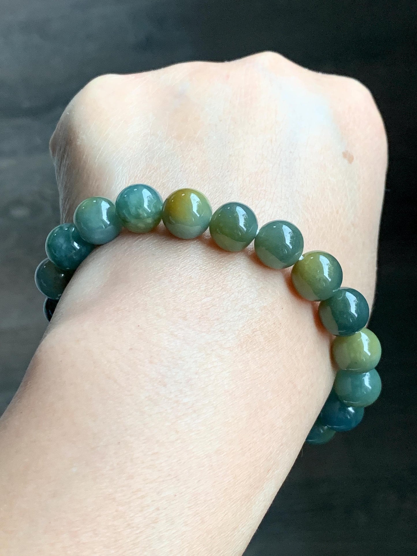 Natural Grade A Guatemalan Icy Translucent Dark Teal Yellow Marbled Jade Jadeite Beaded Bracelet Stretchy 9.7mm 7.75" 天然冰危飘黄翡翠圆珠手串 WLH330