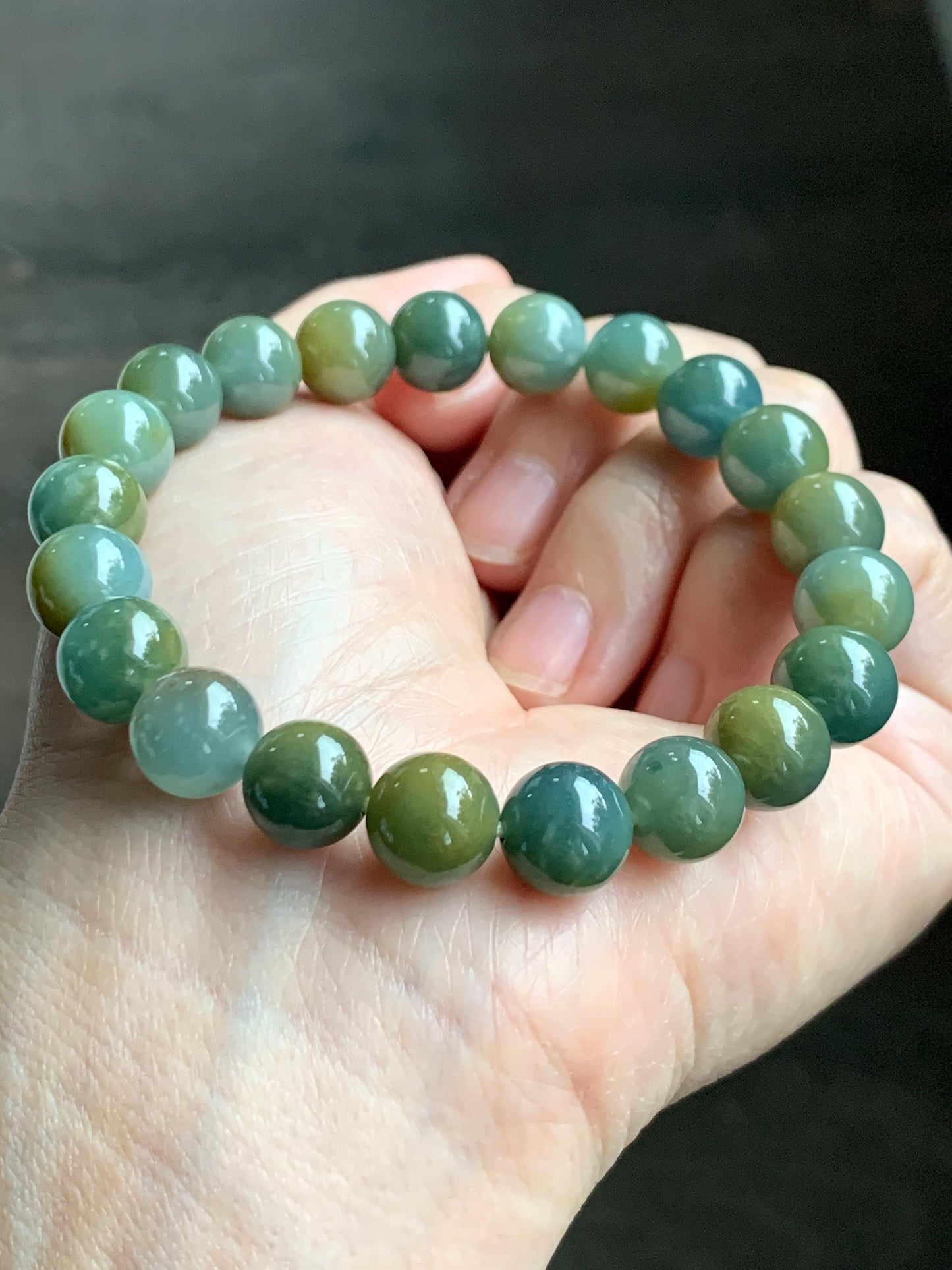 Natural Grade A Guatemalan Icy Translucent Dark Teal Yellow Marbled Jade Jadeite Beaded Bracelet Stretchy 9.7mm 7.75" 天然冰危飘黄翡翠圆珠手串 WLH330