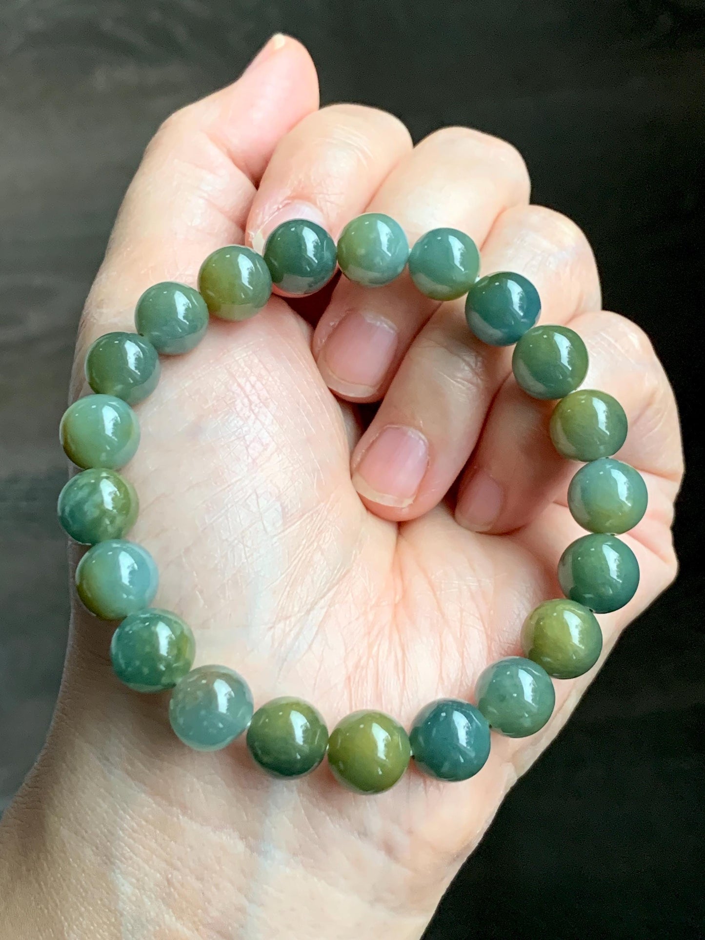 Natural Grade A Guatemalan Icy Translucent Dark Teal Yellow Marbled Jade Jadeite Beaded Bracelet Stretchy 9.7mm 7.75" 天然冰危飘黄翡翠圆珠手串 WLH330