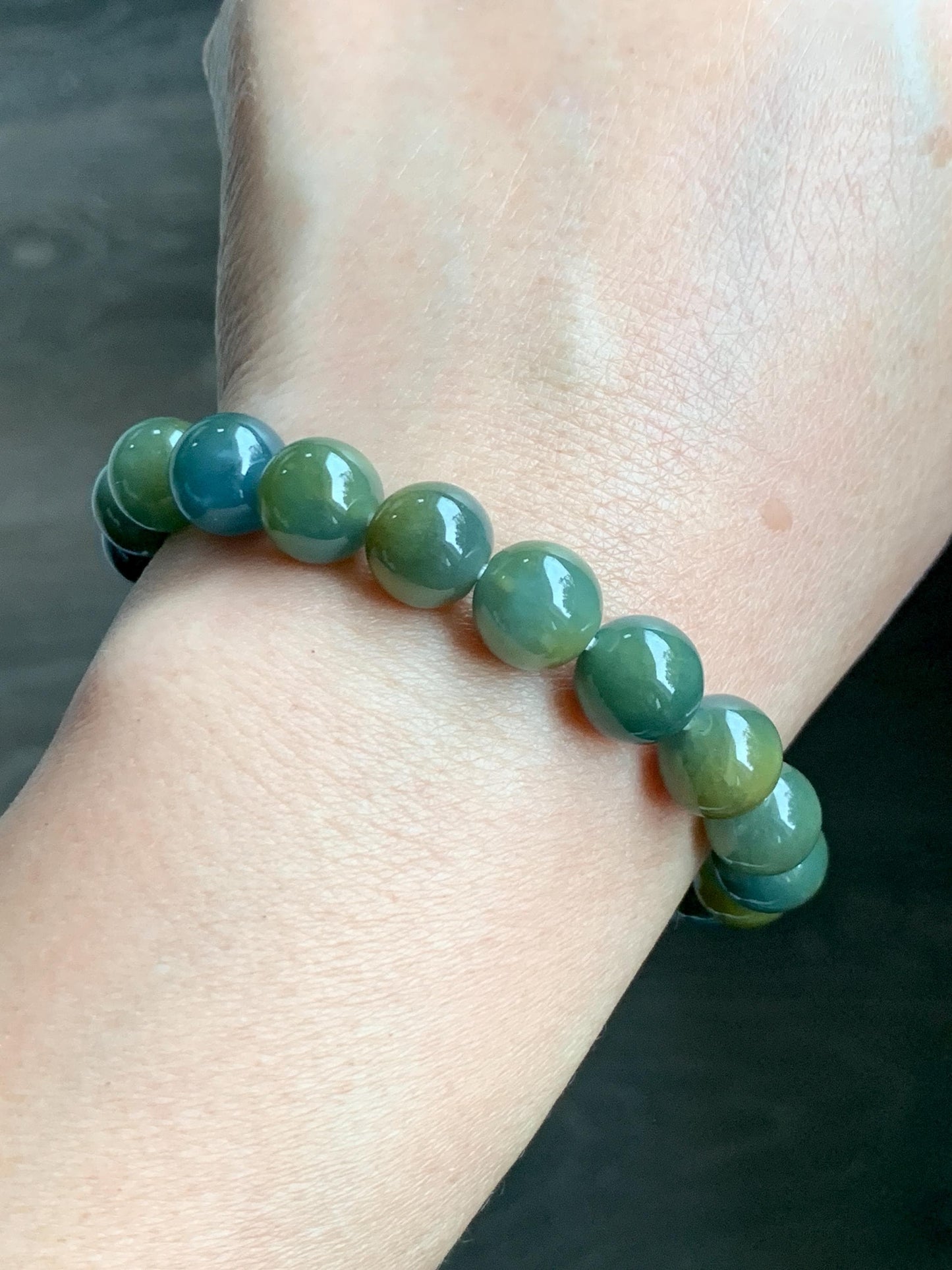 Natural Grade A Guatemalan Icy Translucent Dark Teal Yellow Marbled Jade Jadeite Beaded Bracelet Stretchy 9.7mm 7.75" 天然冰危飘黄翡翠圆珠手串 WLH330