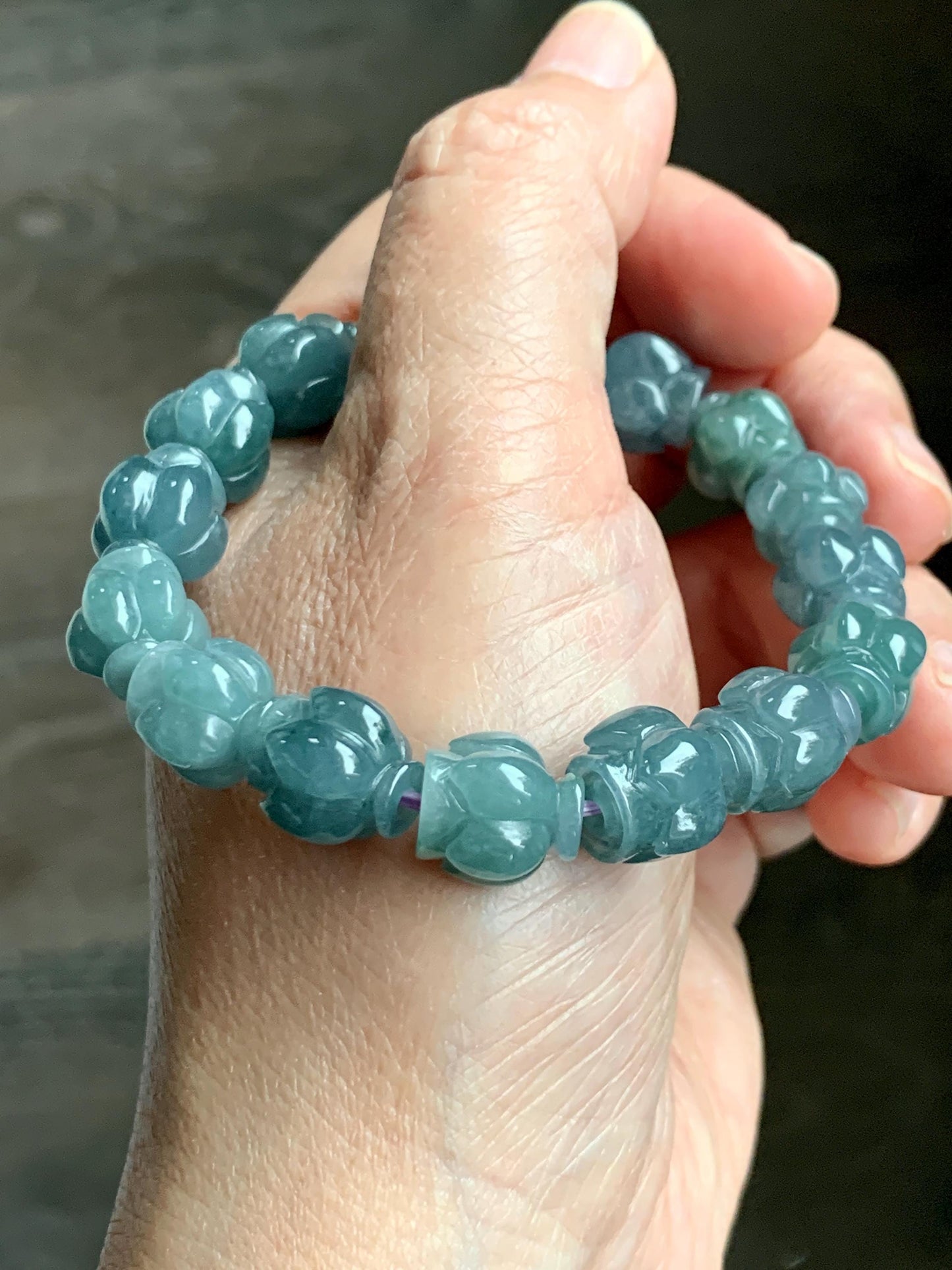 Natural Grade A Guatemala Icy Translucent Dark Blue Jade Jadeite Lotus Flower Beads Beaded Bracelet 11mm 6.75” 33g 天然冰胶危深蓝翡翠莲花珠手串 WDL294