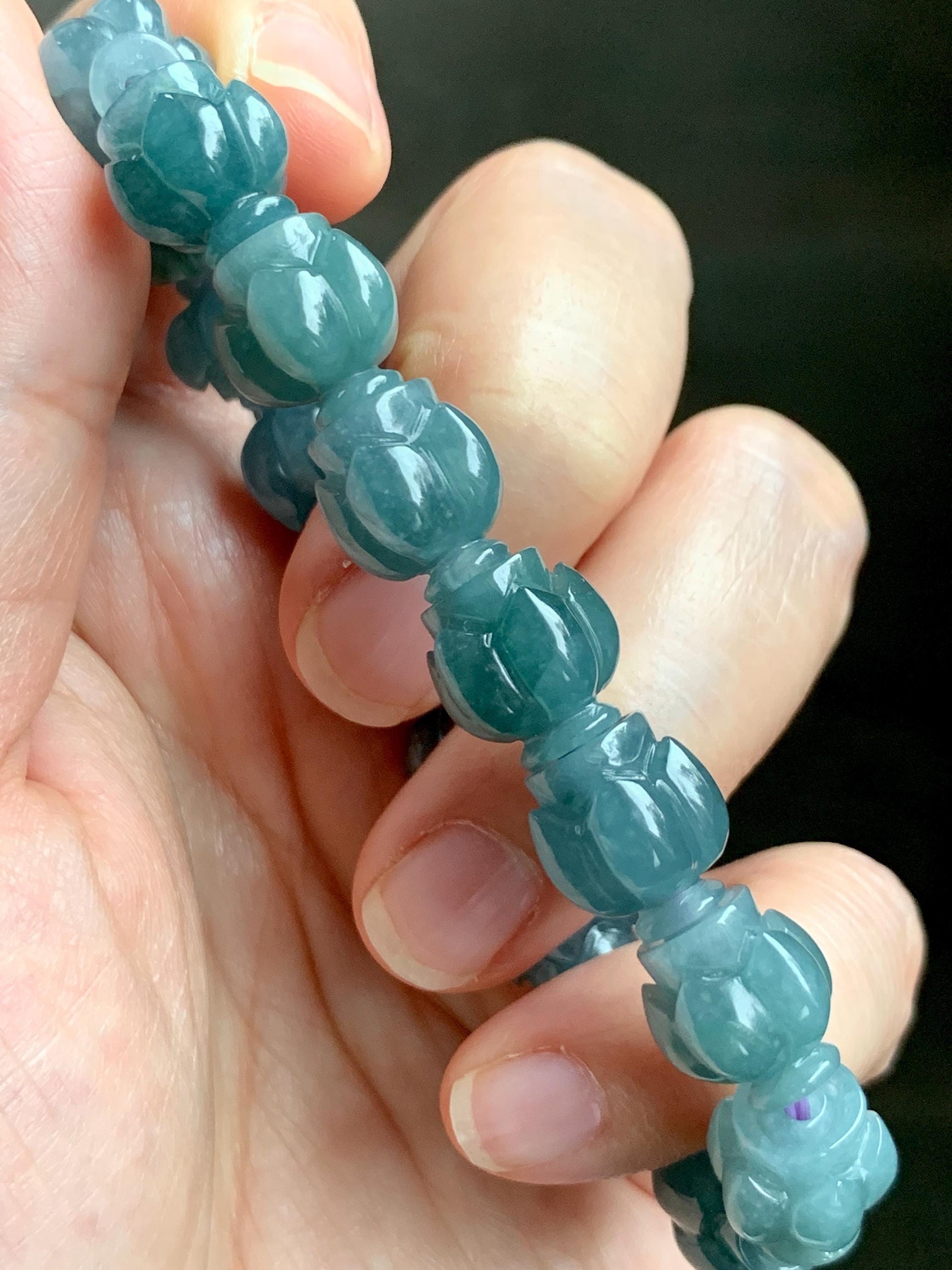 Natural Grade A Guatemala Icy Translucent Dark Blue Jade Jadeite Lotus Flower Beads Beaded Bracelet 11mm 6.75” 33g 天然冰胶危深蓝翡翠莲花珠手串 WDL294