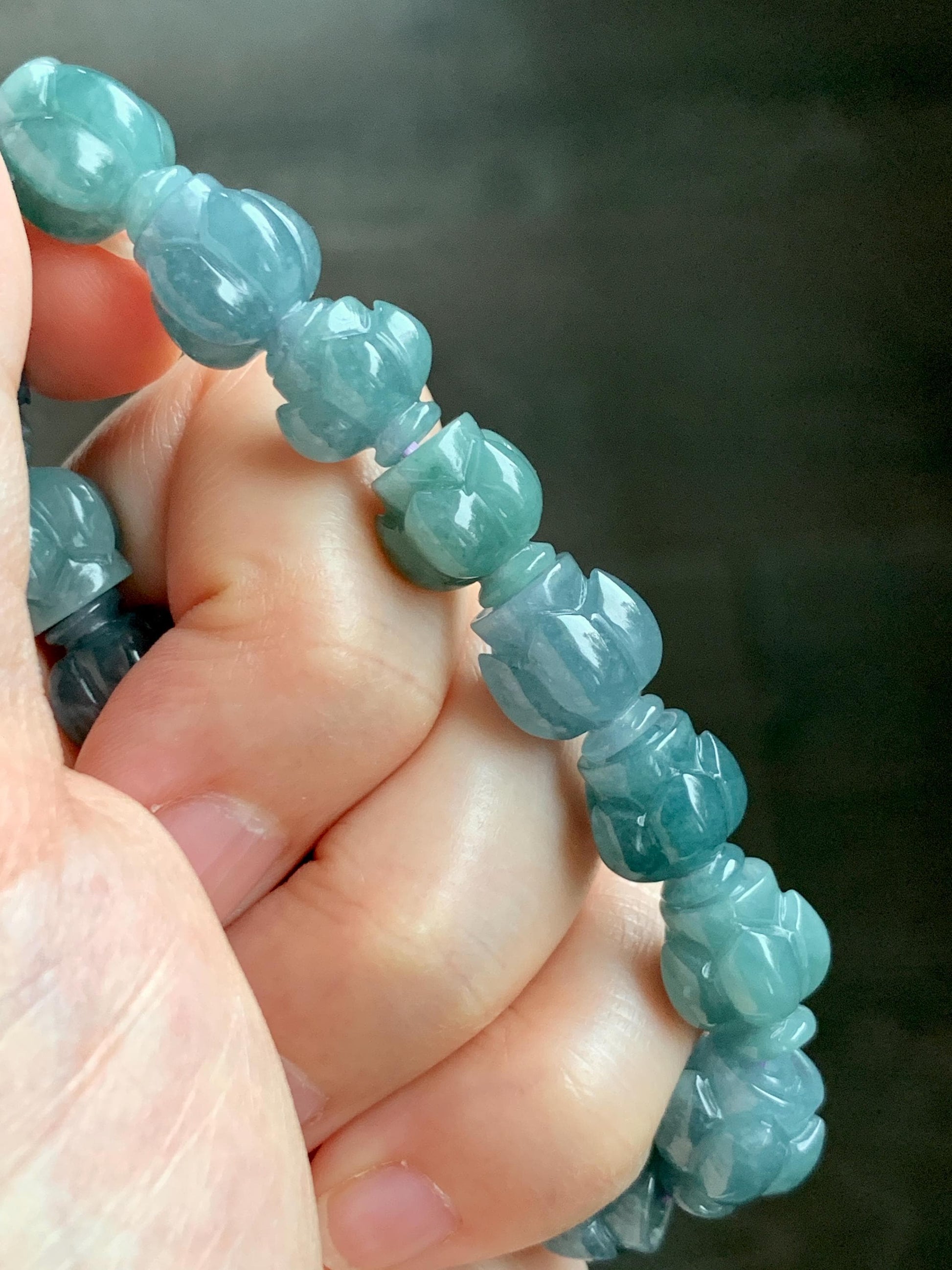 Natural Grade A Guatemala Icy Translucent Dark Blue Jade Jadeite Lotus Flower Beads Beaded Bracelet 11mm 6.75” 33g 天然冰胶危深蓝翡翠莲花珠手串 WDL294