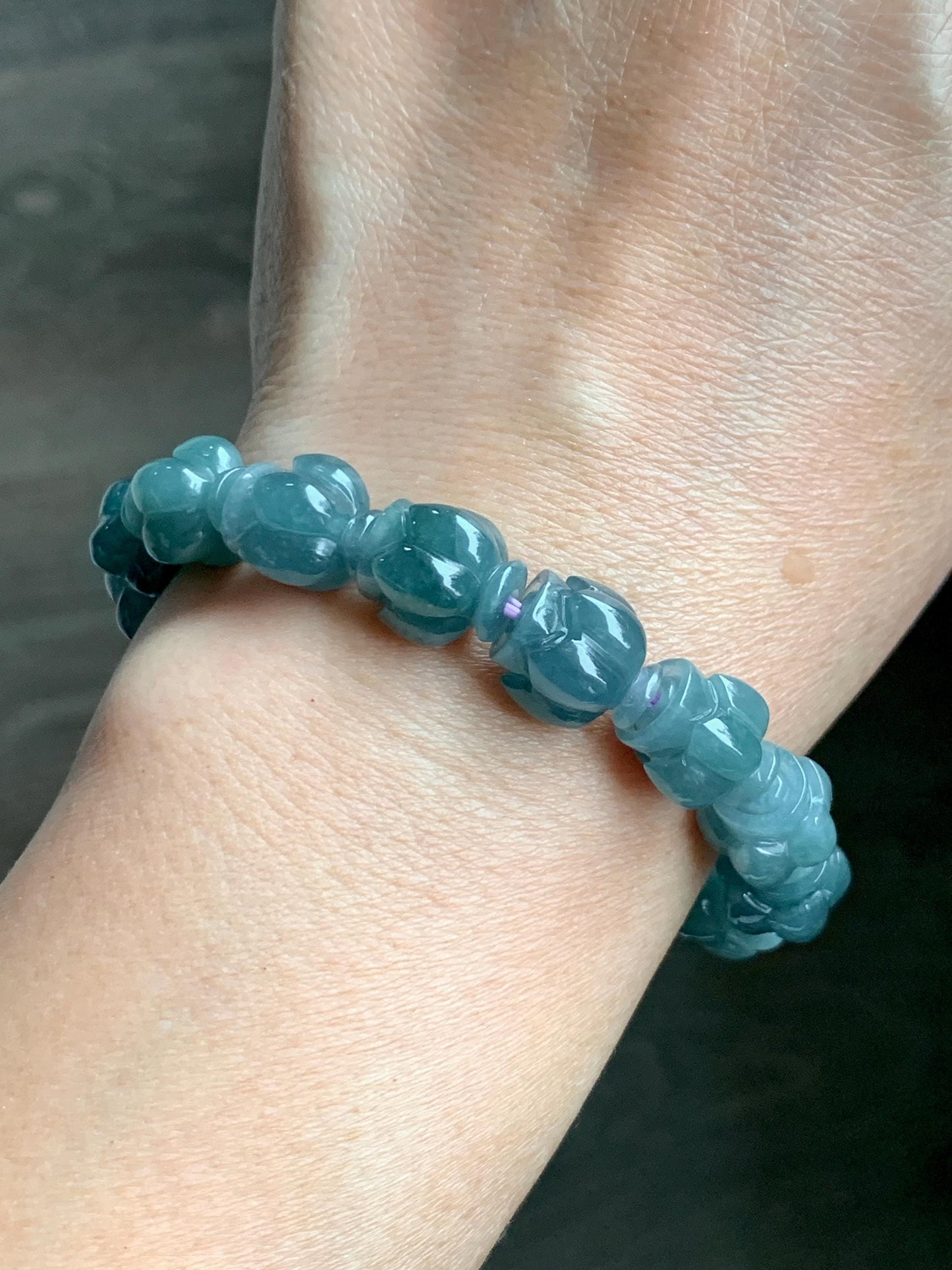 Natural Grade A Guatemala Icy Translucent Dark Blue Jade Jadeite Lotus Flower Beads Beaded Bracelet 11mm 6.75” 33g 天然冰胶危深蓝翡翠莲花珠手串 WDL294