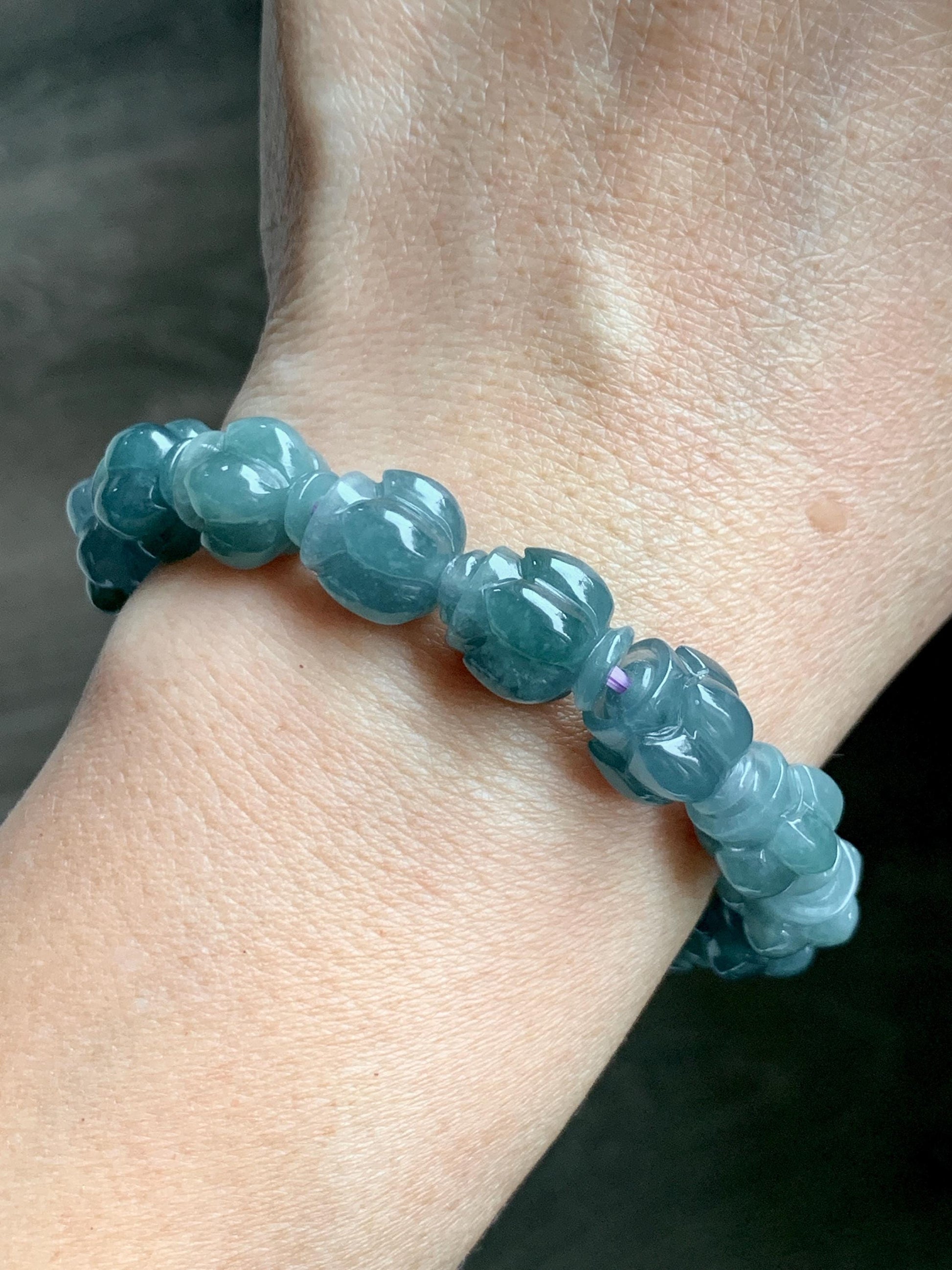 Natural Grade A Guatemala Icy Translucent Dark Blue Jade Jadeite Lotus Flower Beads Beaded Bracelet 11mm 6.75” 33g 天然冰胶危深蓝翡翠莲花珠手串 WDL294
