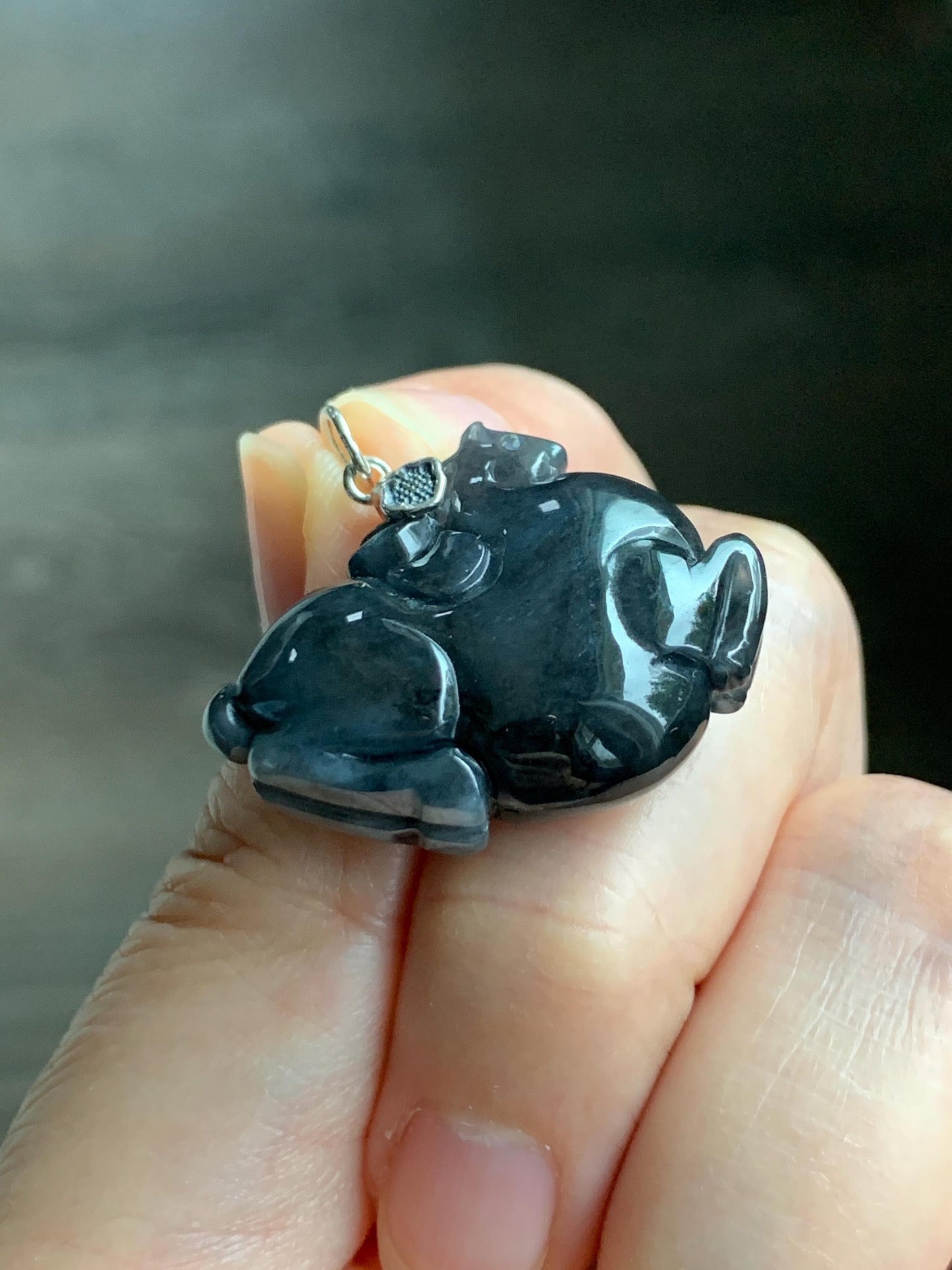 Natural Grade A Icy Translucent Gelatinous Dark Wuji Jade Jadeite Carved Tang Horse Pendant Sterling Silver 11g 天然冰胶深色乌鸡翡翠唐马银镶吊坠 MWJ440A