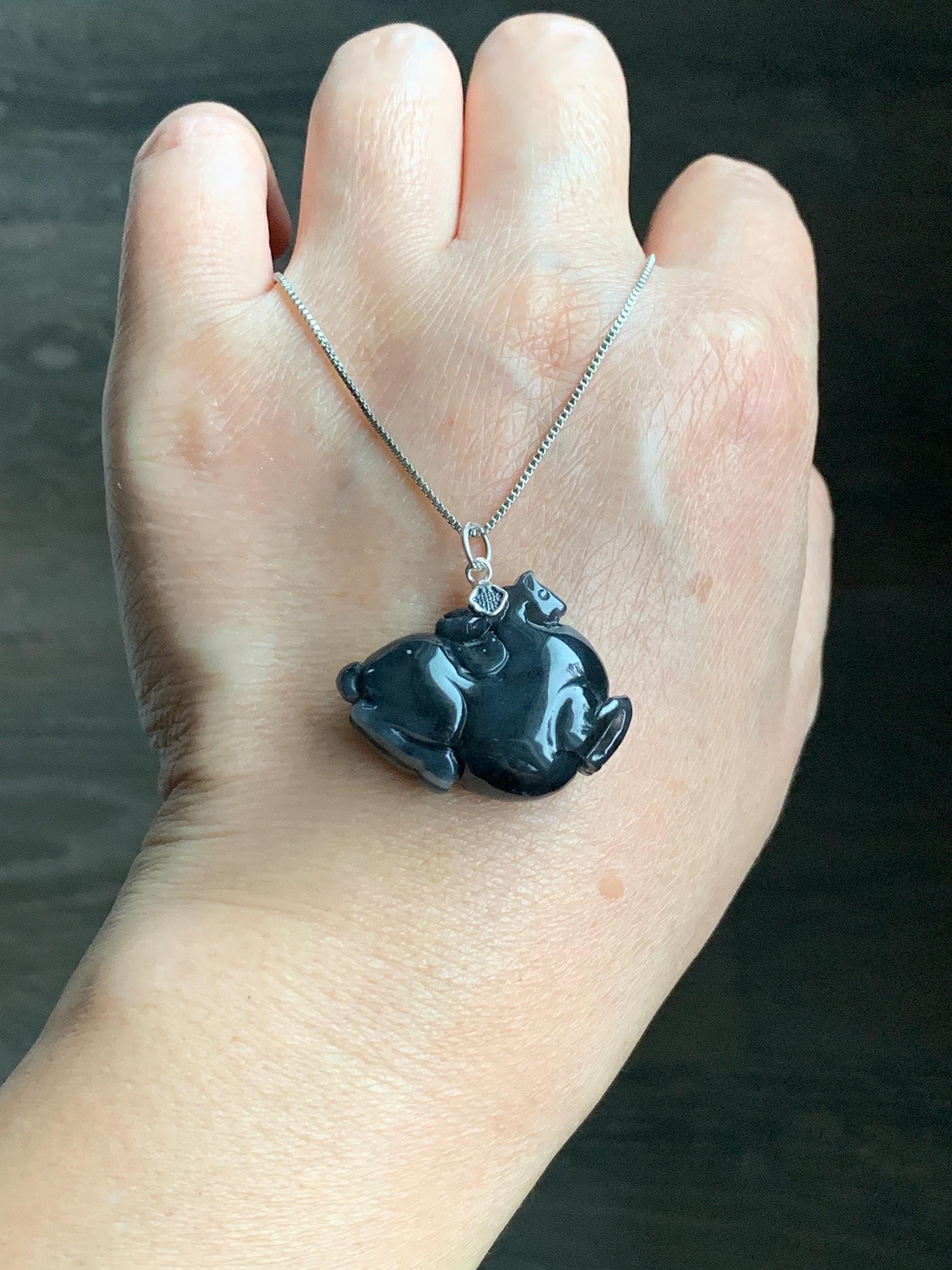 Natural Grade A Icy Translucent Gelatinous Dark Wuji Jade Jadeite Carved Tang Horse Pendant Sterling Silver 11g 天然冰胶深色乌鸡翡翠唐马银镶吊坠 MWJ440A