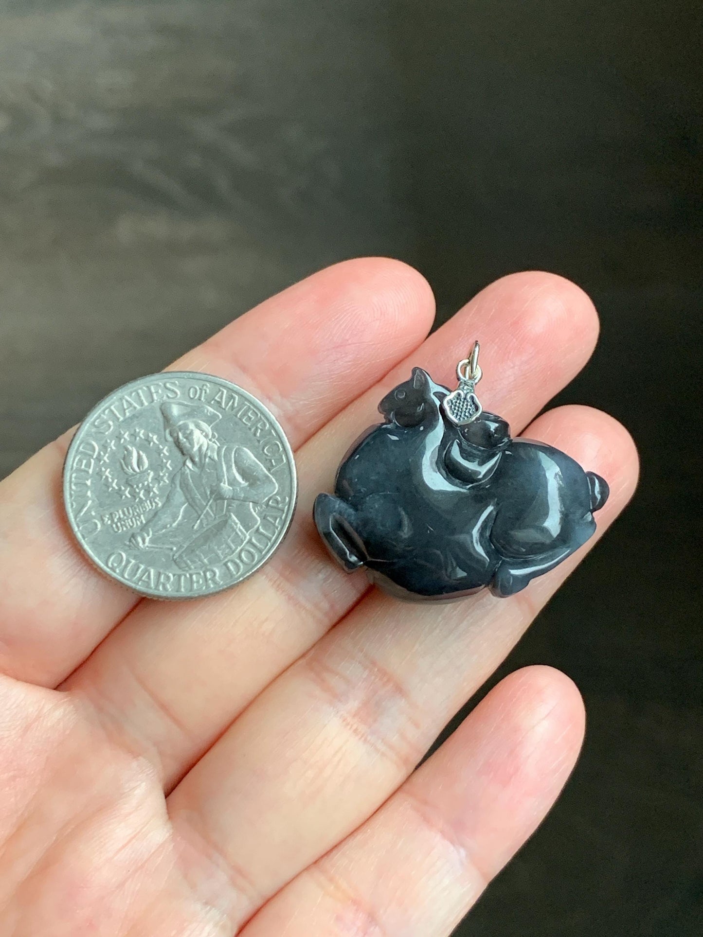 Natural Grade A Icy Translucent Gelatinous Dark Wuji Jade Jadeite Carved Tang Horse Pendant Sterling Silver 11g 天然冰胶深色乌鸡翡翠唐马银镶吊坠 MWJ440A