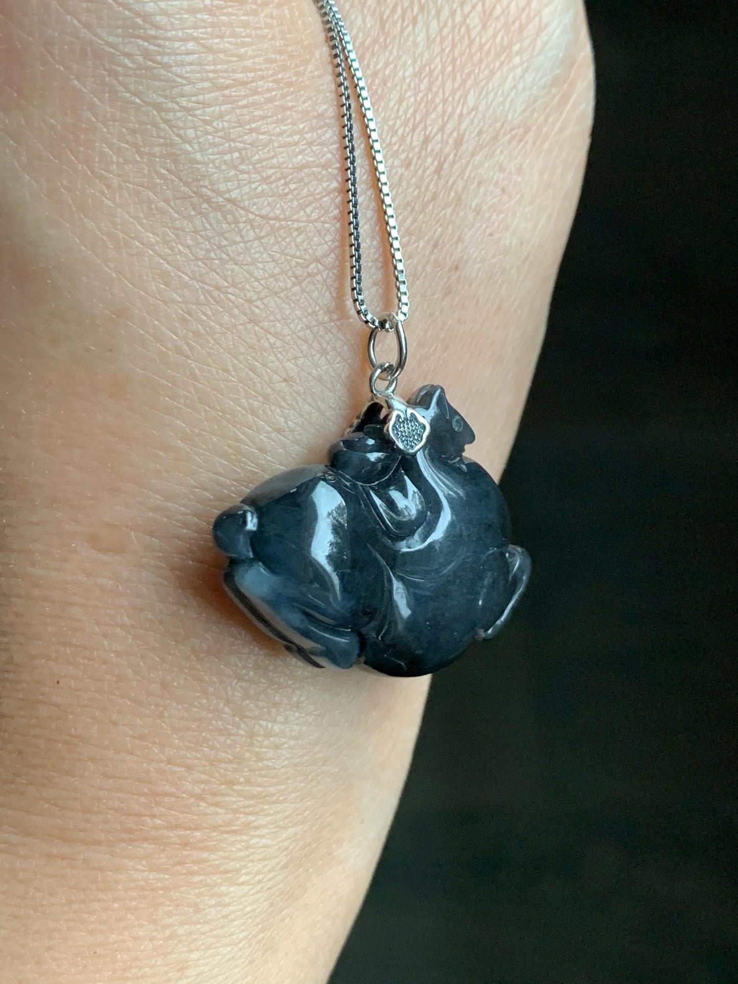 Natural Grade A Icy Translucent Gelatinous Dark Wuji Jade Jadeite Carved Tang Horse Pendant Sterling Silver 11g 天然冰胶深色乌鸡翡翠唐马银镶吊坠 MWJ440A